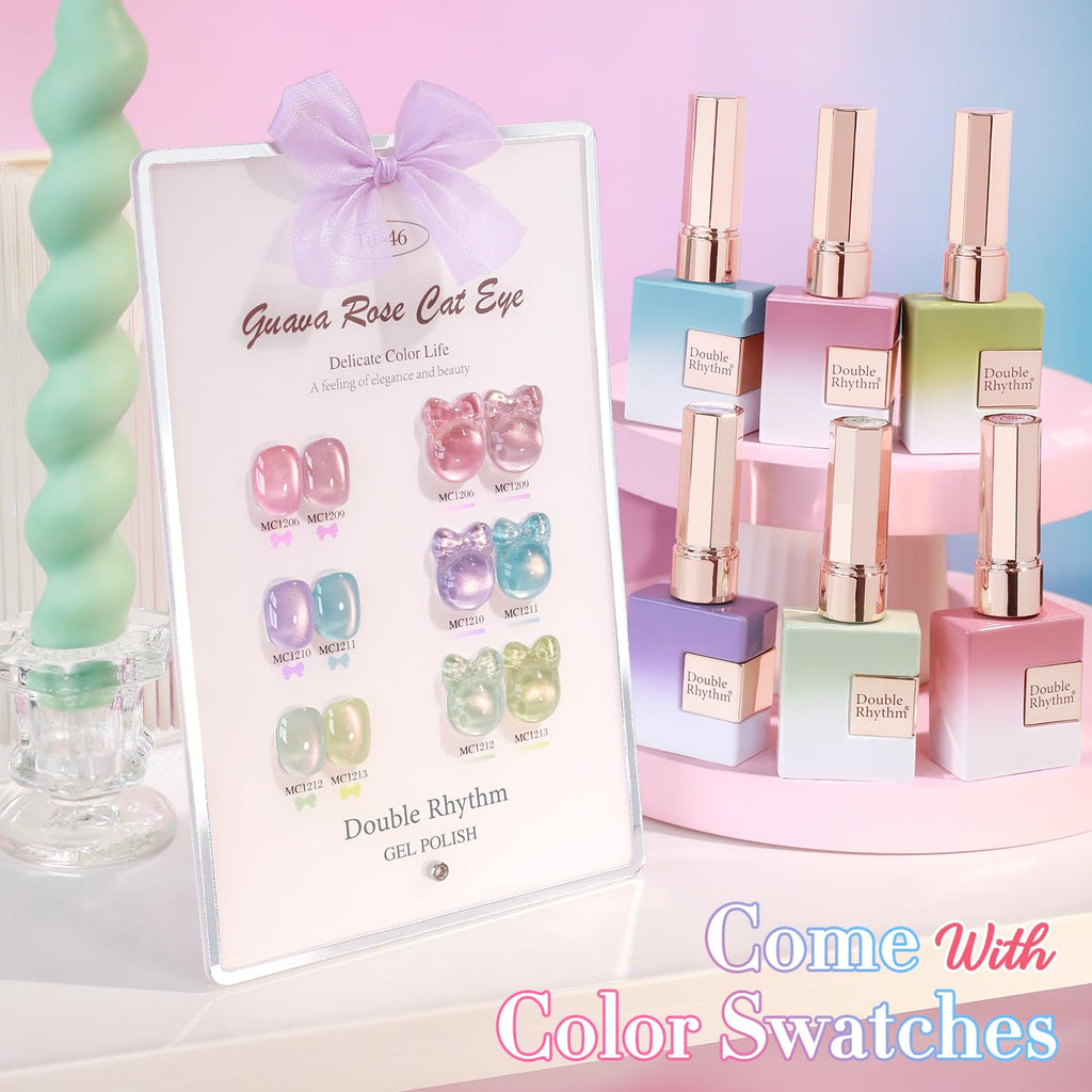 Double Rhythm Cat Eye Gel Nail Polish Set — 6×0.5 oz Magnetic Shimmer Kit (Rose, Green, Pink, Purple) for Home Manicures