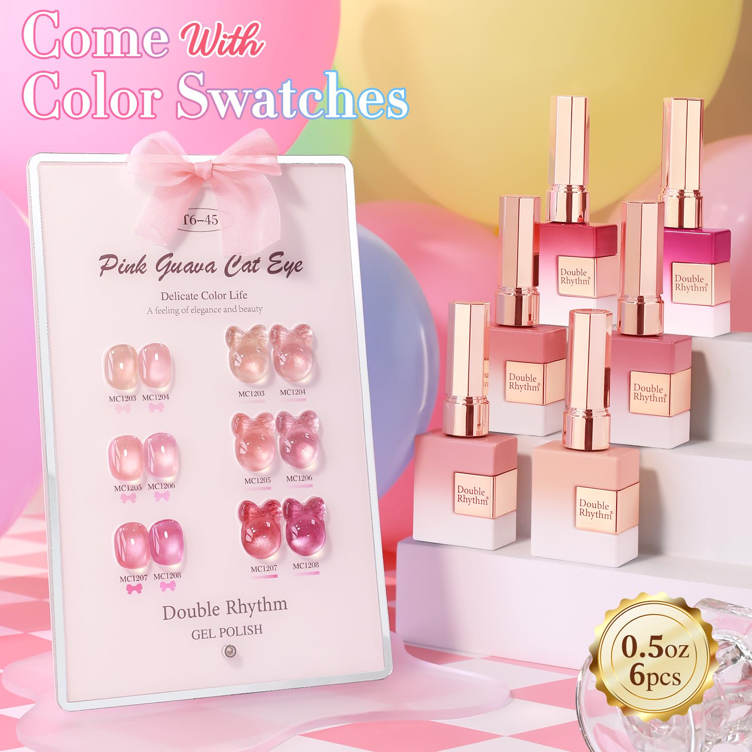 Double Rhythm Cat Eye Gel Nail Polish Set – 6× 0.5 oz Magnetic Shimmer (Rose-T6-45)
