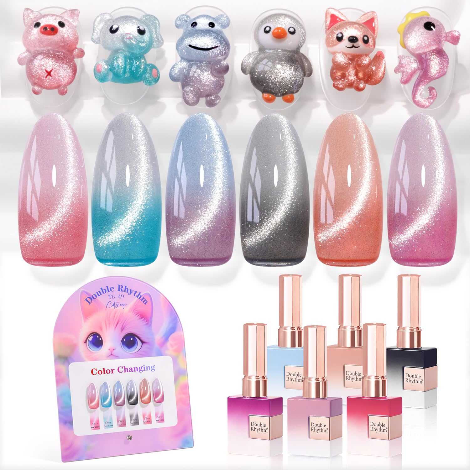 Double Rhythm Cat Eye Gel Nail Polish Set – 6-Piece Magnetic Shimmer (0.5 oz each) Color Changing T6-49
