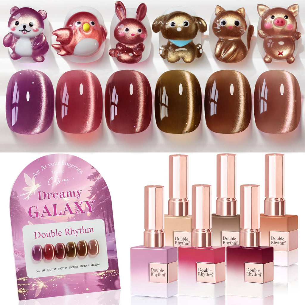 Double Rhythm Cat Eye Gel Polish Set – 6-Piece Rose Shimmer Magnetic UV Kit