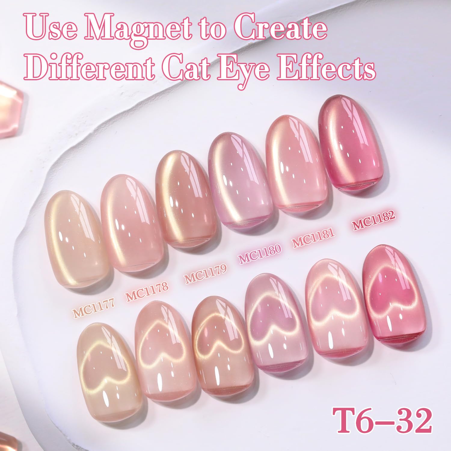 Double Rhythm Cat Eye Gel Nail Polish Set – 6 Same Color, 0.5 Oz, Magnetic Holographic Rose T6-32