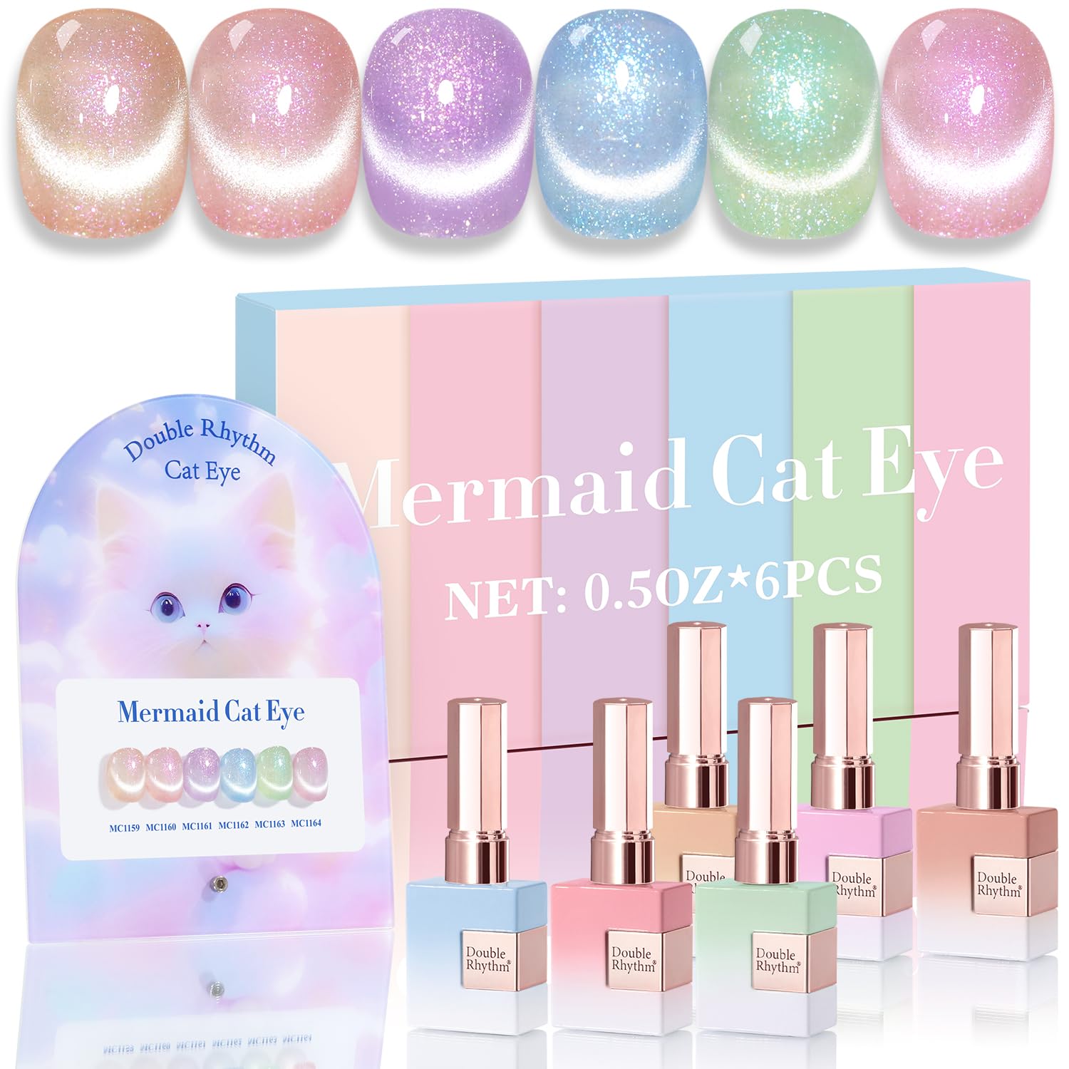 Double Rhythm Cat Eye Gel Nail Polish Set of 6 — Same Color, 0.5 oz Each, Magnetic Holographic Shine (T6-29)