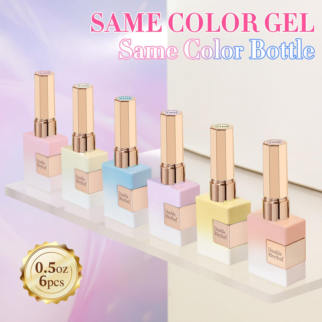 Double Rhythm 6 Pcs 15ml Gel Polish Set – Soak-Off Kit (Blue, Purple, Nude, Pink, Yellow, Beige)