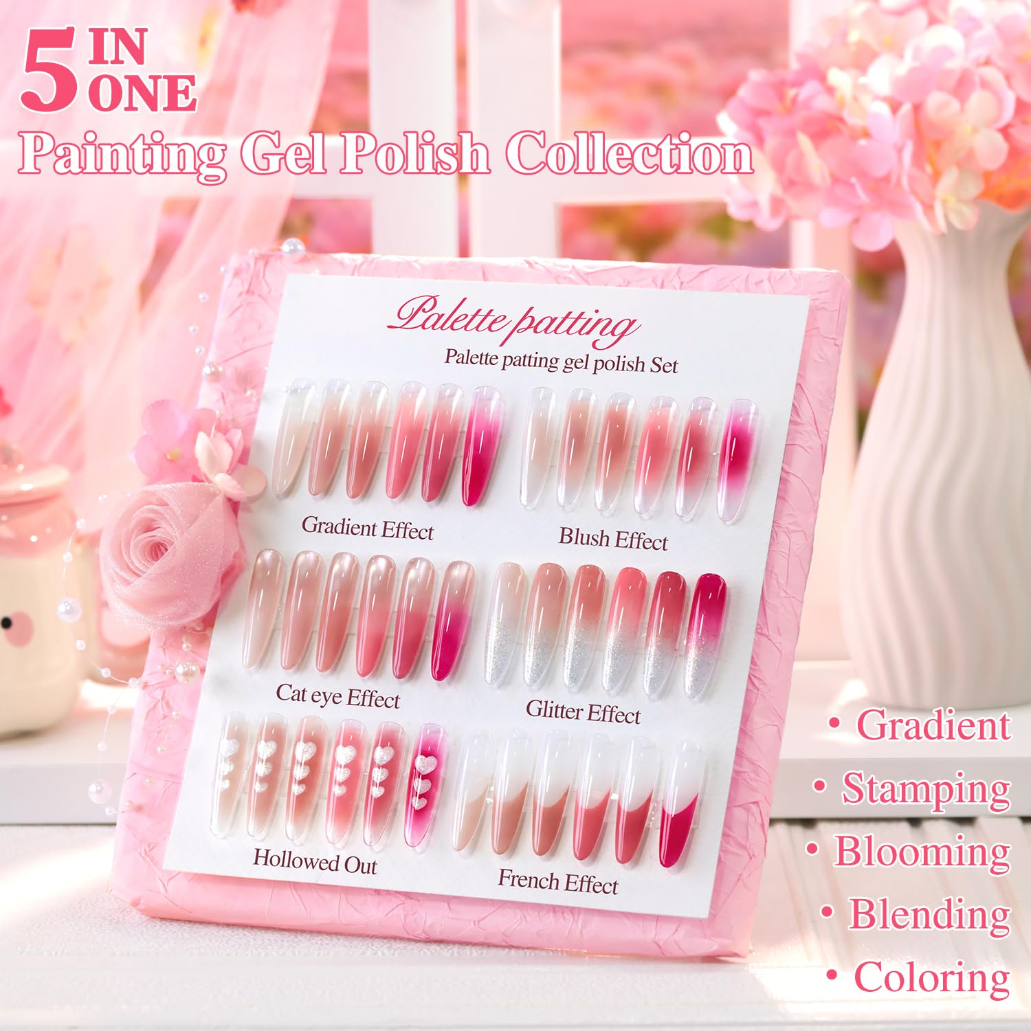 Double Rhythm Painting Gel Polish Set – 6 Colors, 100 Sponges, Grabbing Pen (Neutral Nude Rose-T6-66)