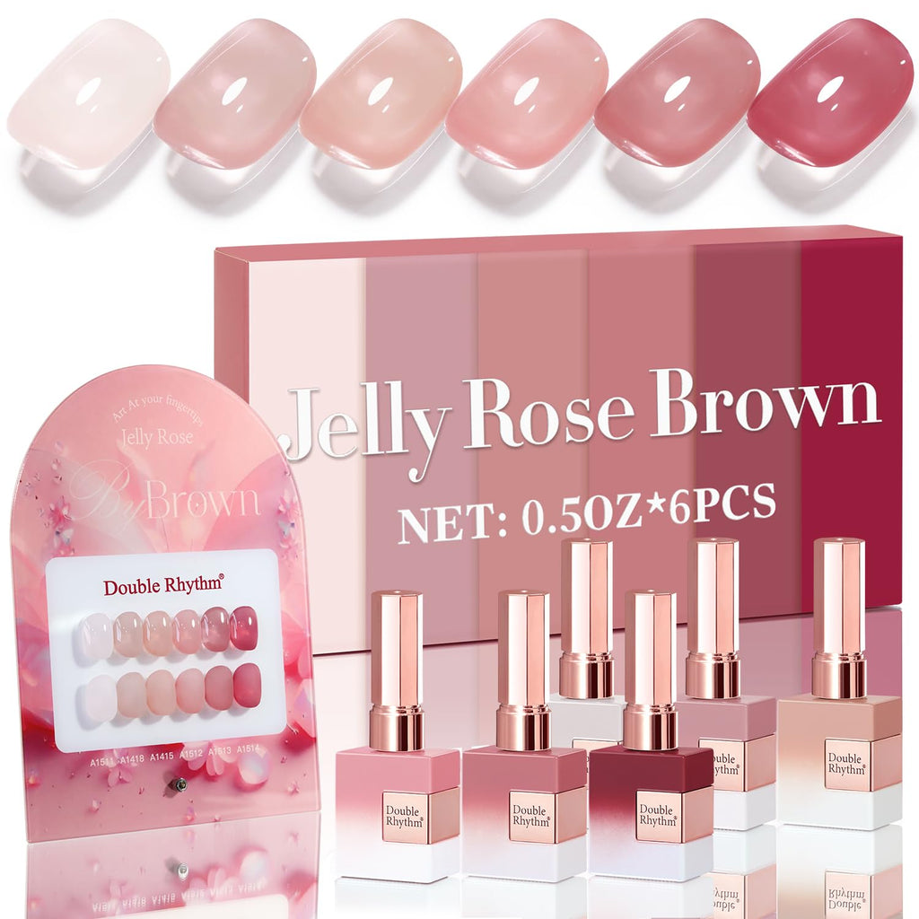 Double Rhythm 6 Pcs 15ml Gel Polish Set – Soak-Off, Jelly Translucent Rose Pink & Burgundy Red (T6-2)