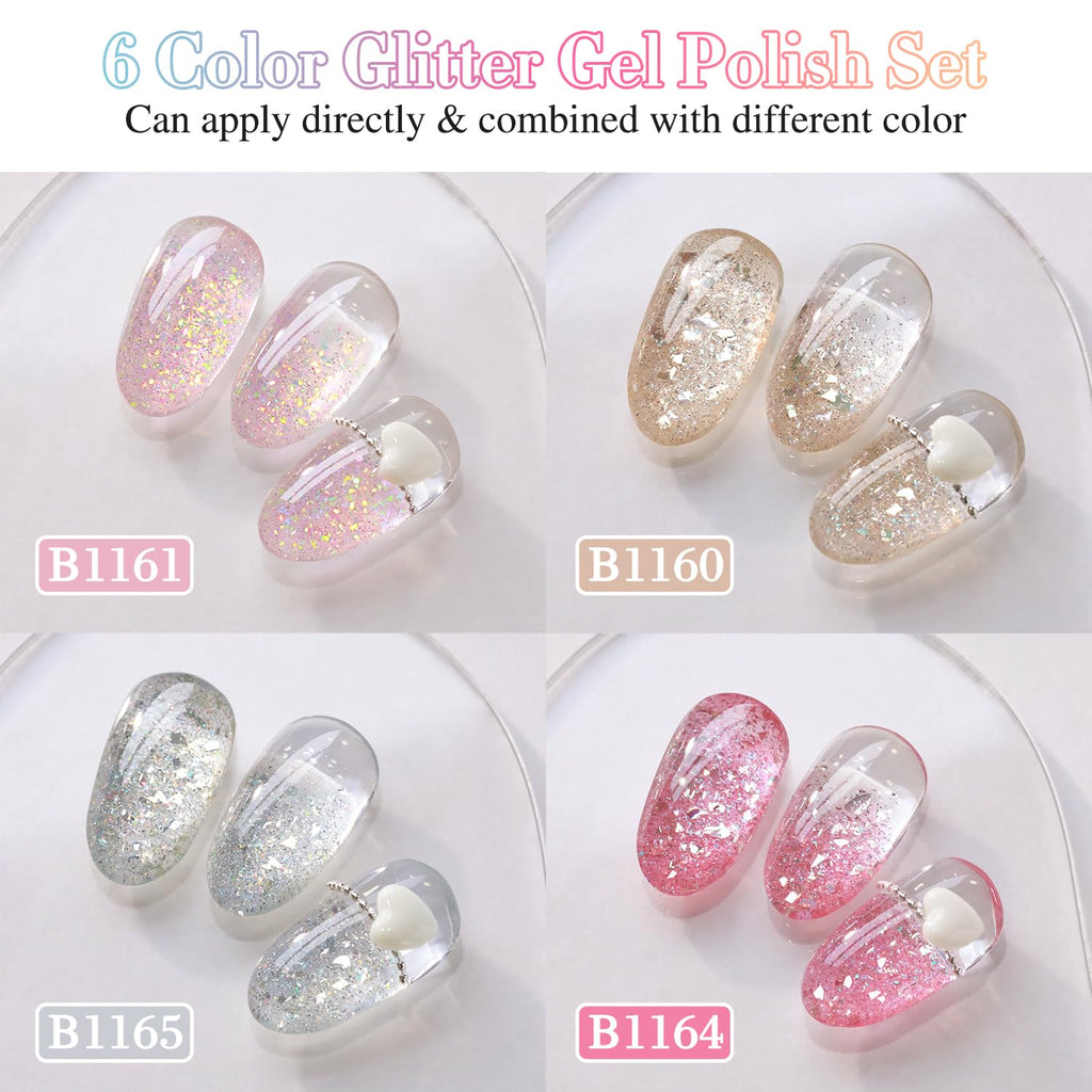 Double Rhythm 0.5 oz Glitter Gel Polish Set – 6 Colors with Display Board, 15 ml Full Size Kit