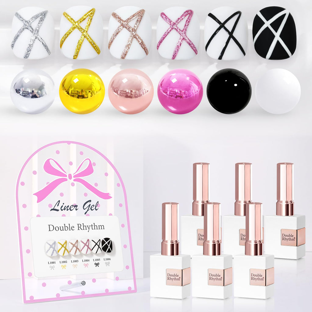 Double Rhythm 6 Pcs Gel Liner Polish Kit – 15ml Chrome Metallic Glitter Soak-Off Gel, Gold Silver Black White