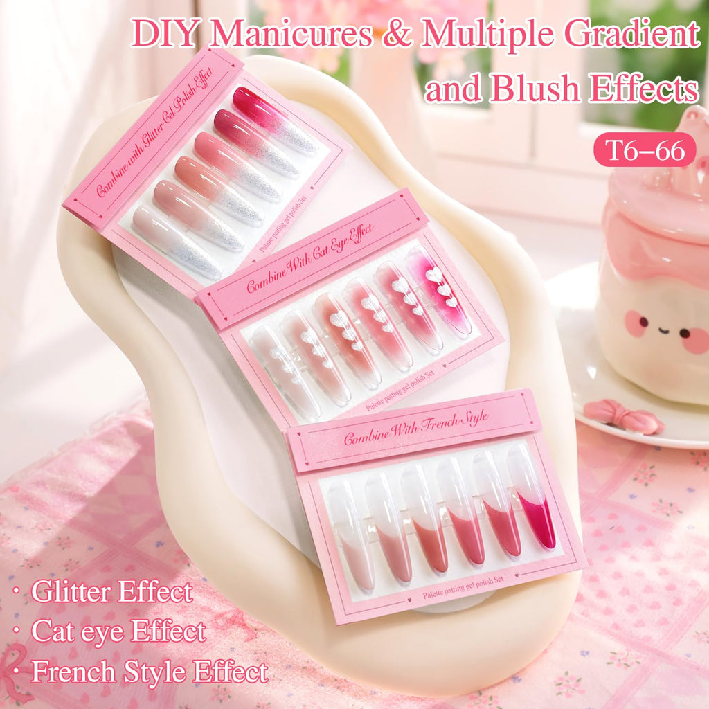 Double Rhythm Painting Gel Polish Set – 6 Colors, 100 Sponges, Grabbing Pen (Neutral Nude Rose-T6-66)