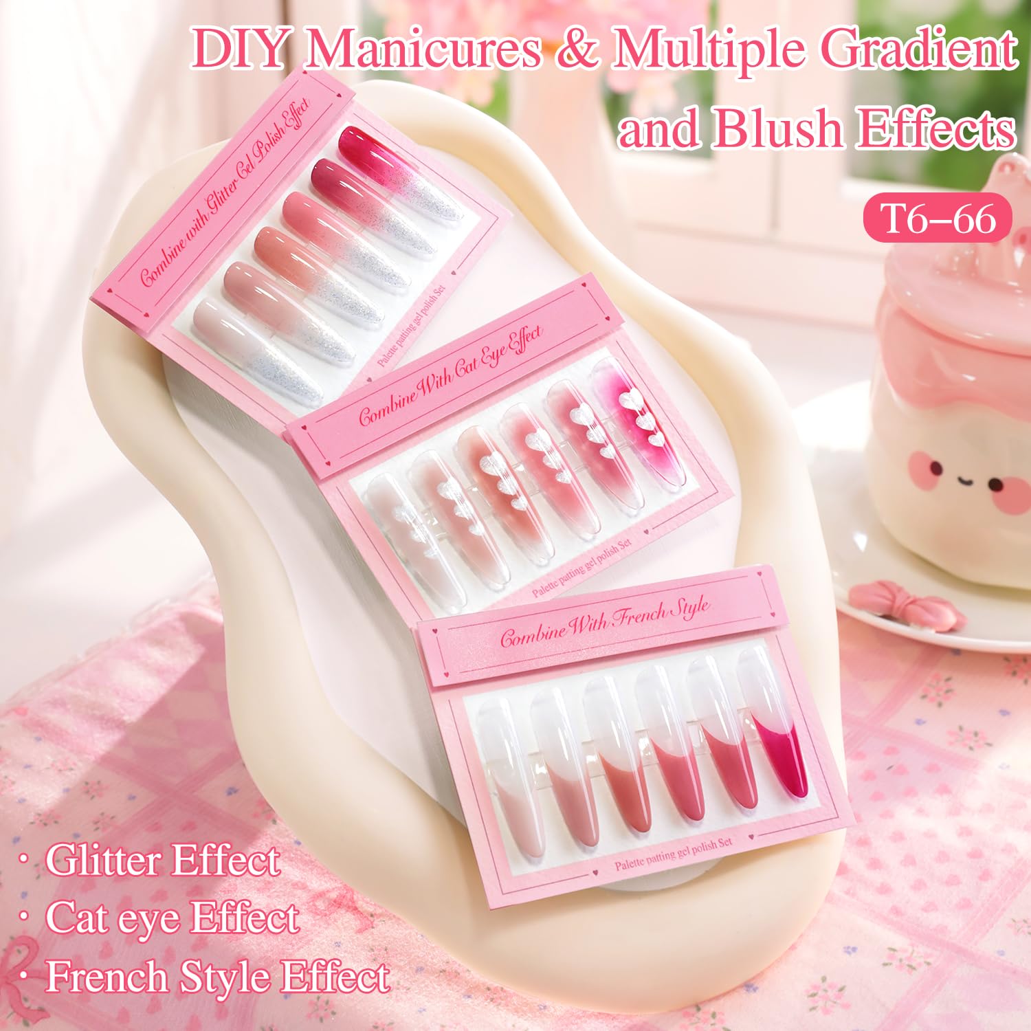 Double Rhythm Painting Gel Polish Set – 6 Colors, 100 Sponges, Grabbing Pen (Neutral Nude Rose-T6-66)