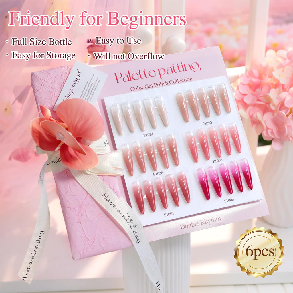 Double Rhythm Painting Gel Polish Set – 6 Colors, 100 Sponges, Grabbing Pen (Neutral Nude Rose-T6-66)