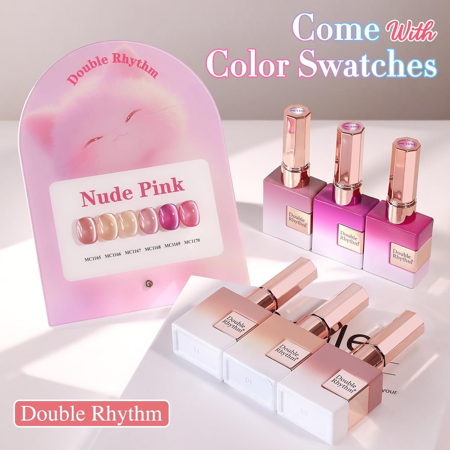 Double Rhythm Cat Eye Gel Nail Polish Set of 6 – Nude Pink Shimmer (0.5 oz) with Magnetic Holographic Reflective Finish