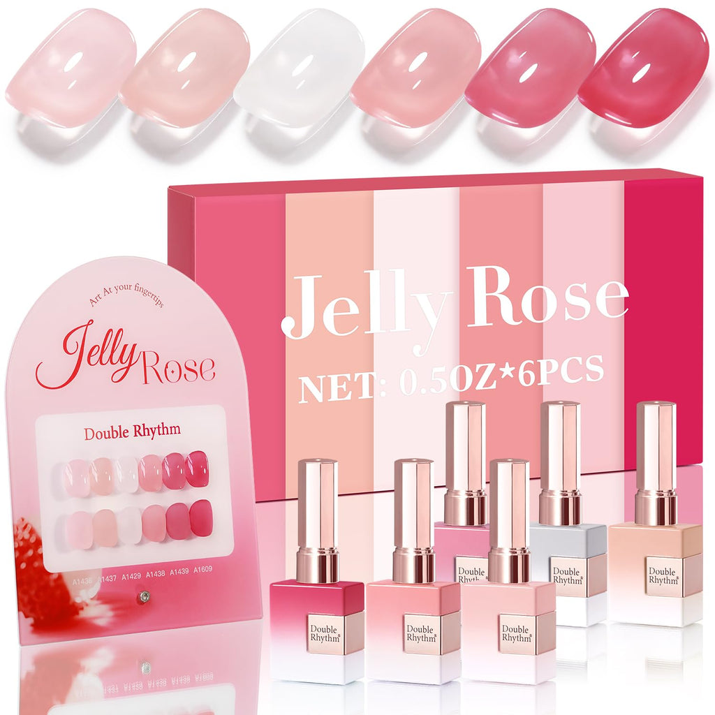 Double Rhythm 6 Pcs Gel Polish Set 15ml – Milky White, Jelly Pink, Nude, Peach, T6-24 | Soak-Off Gel Nail Kit