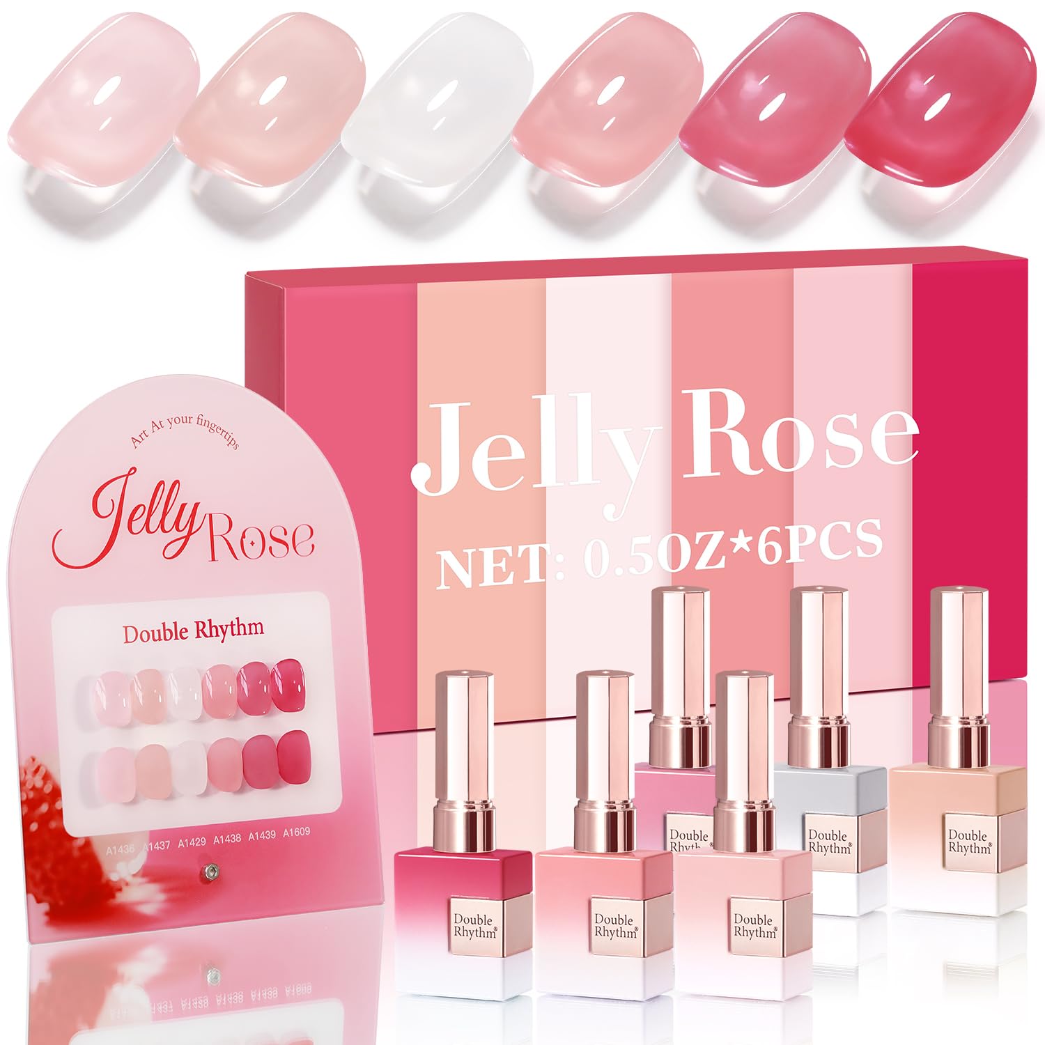 Double Rhythm 6 Pcs Gel Polish Set 15ml – Milky White, Jelly Pink, Nude, Peach, T6-24 | Soak-Off Gel Nail Kit