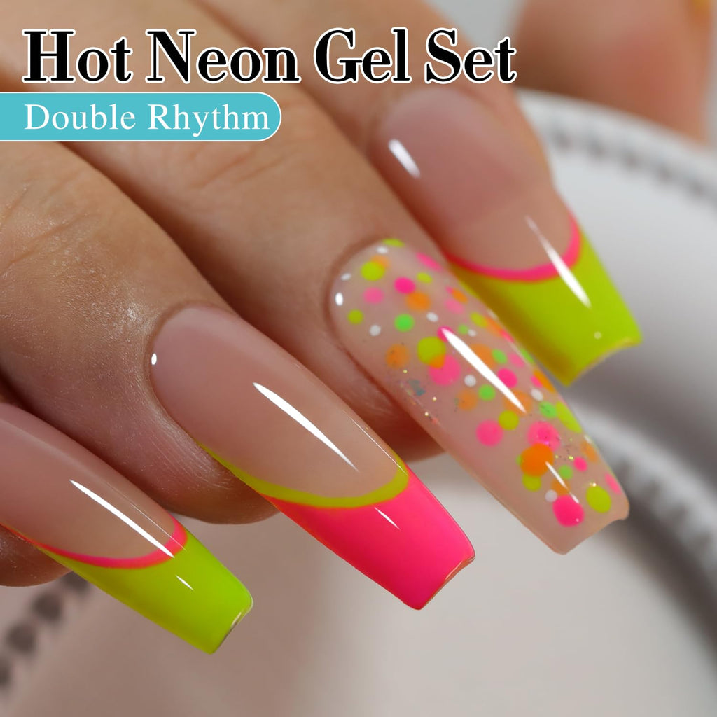 Double Rhythm Neon Gel Nail Polish Set – 6 Color DIY Nail Kit (Pink, Blue, Green, Yellow, Purple, Orange)