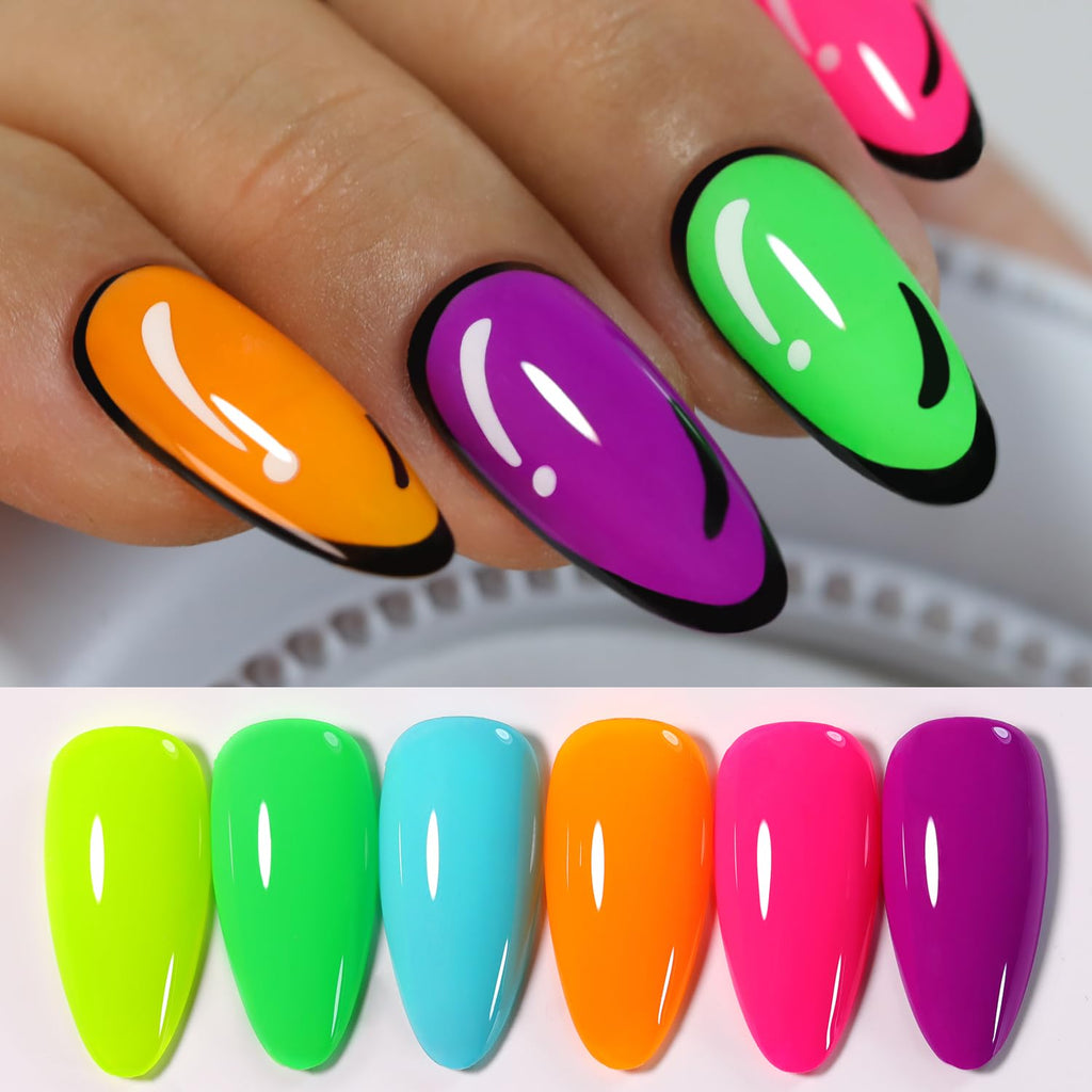 Double Rhythm Neon Gel Nail Polish Set – 6 Color DIY Nail Kit (Pink, Blue, Green, Yellow, Purple, Orange)