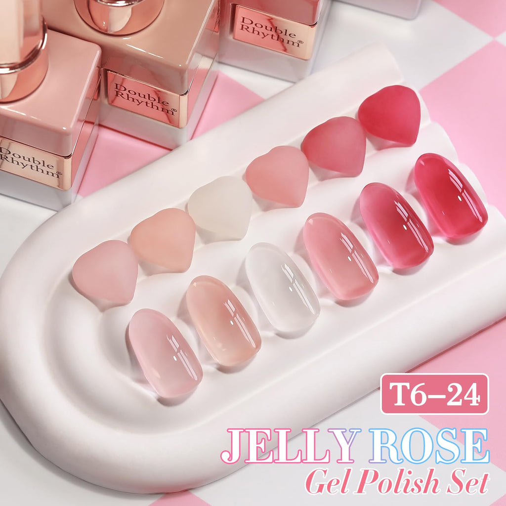 Double Rhythm 6 Pcs Gel Polish Set 15ml – Milky White, Jelly Pink, Nude, Peach, T6-24 | Soak-Off Gel Nail Kit
