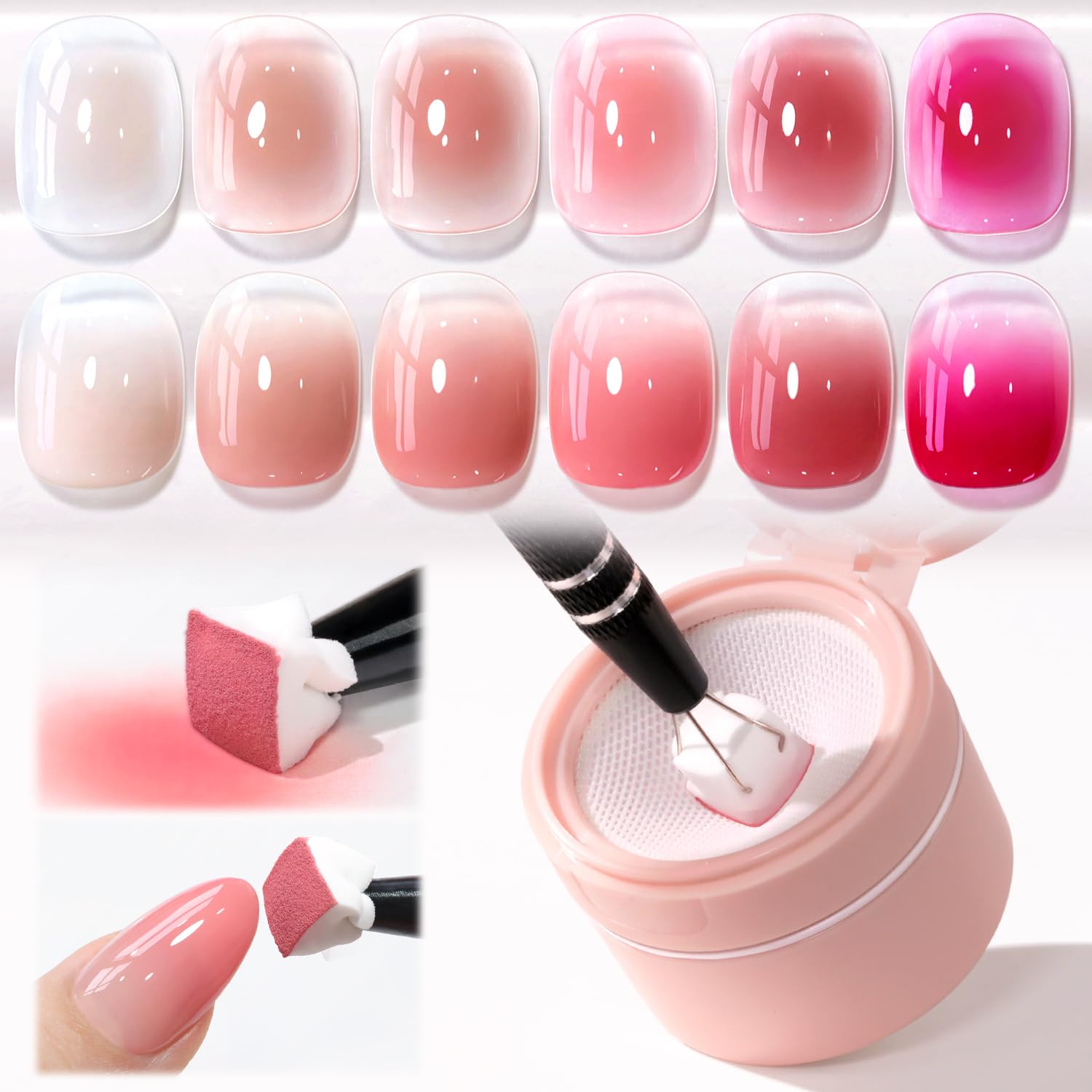 Double Rhythm Painting Gel Polish Set – 6 Colors, 100 Sponges, Grabbing Pen (Neutral Nude Rose-T6-66)