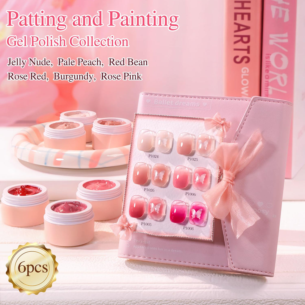 Double Rhythm Painting Gel Polish Set – 6 Colors, 100 Sponges, Grabbing Pen (Neutral Nude Rose-T6-66)