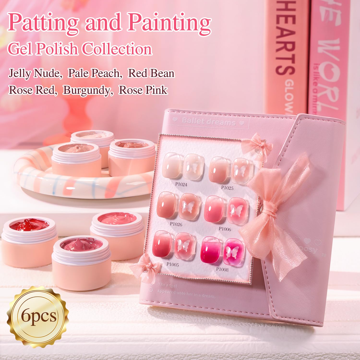 Double Rhythm Painting Gel Polish Set – 6 Colors, 100 Sponges, Grabbing Pen (Neutral Nude Rose-T6-66)