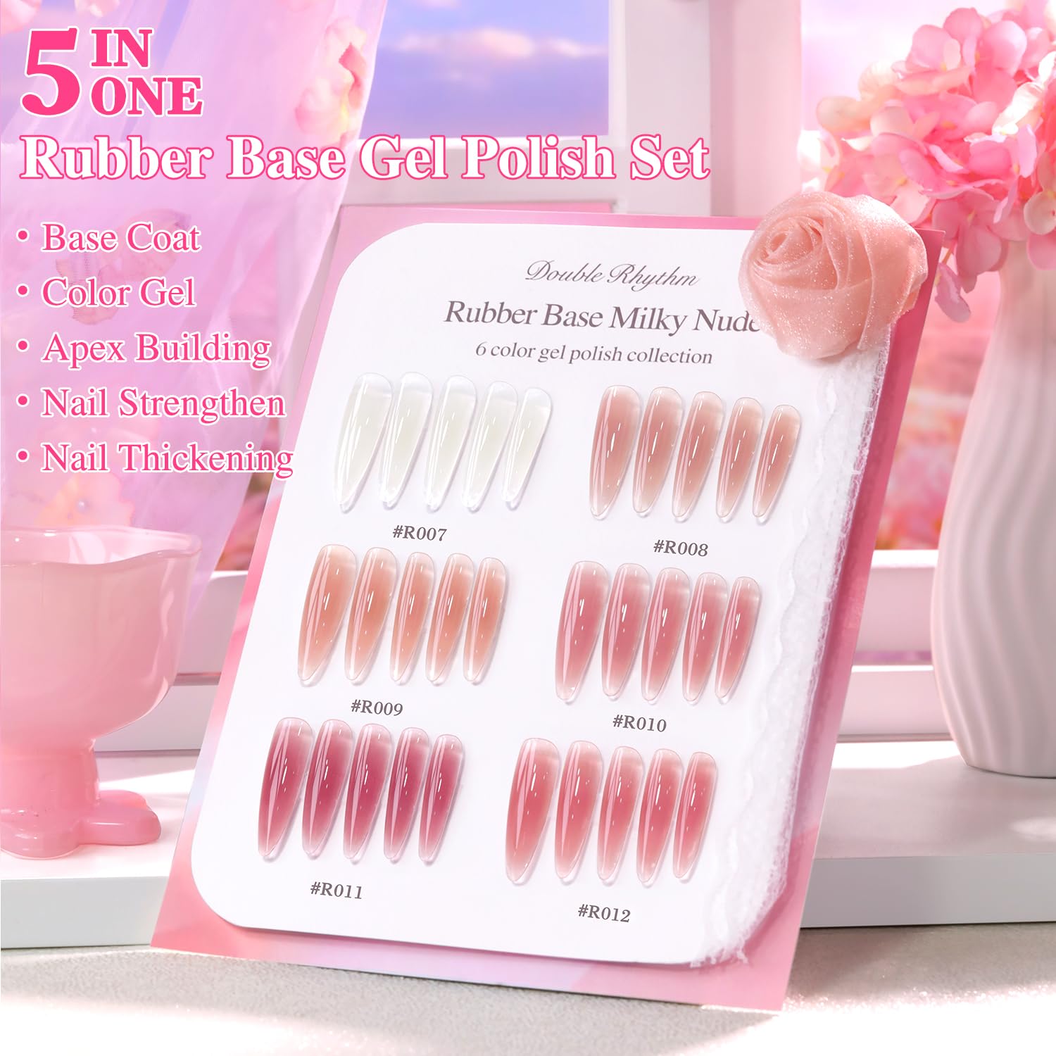Double Rhythm 6-Piece 15ml Gel Polish Set – Same Color, Soak-Off, Milky Nude Pink Rose Purple (T6-85)