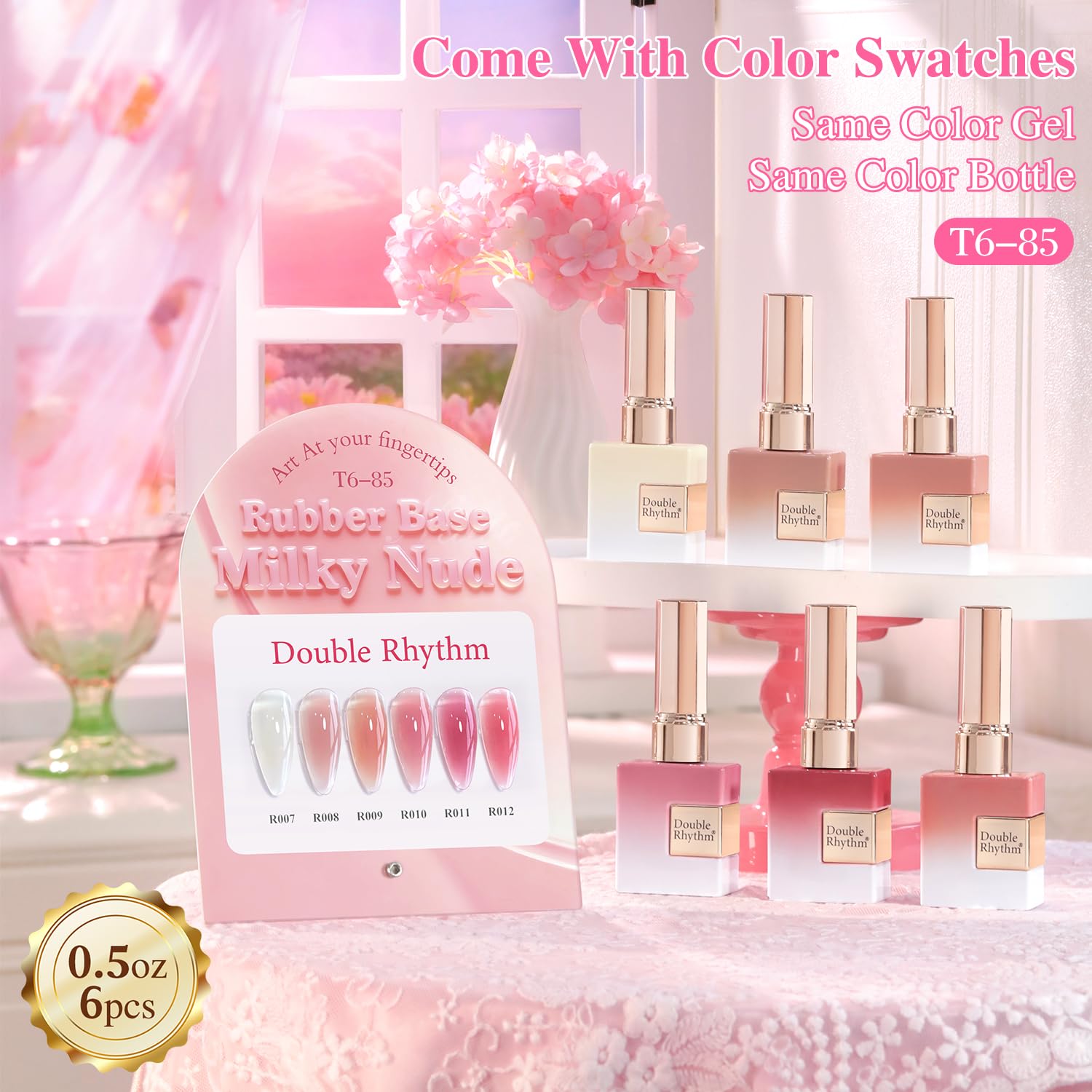Double Rhythm 6-Piece 15ml Gel Polish Set – Same Color, Soak-Off, Milky Nude Pink Rose Purple (T6-85)