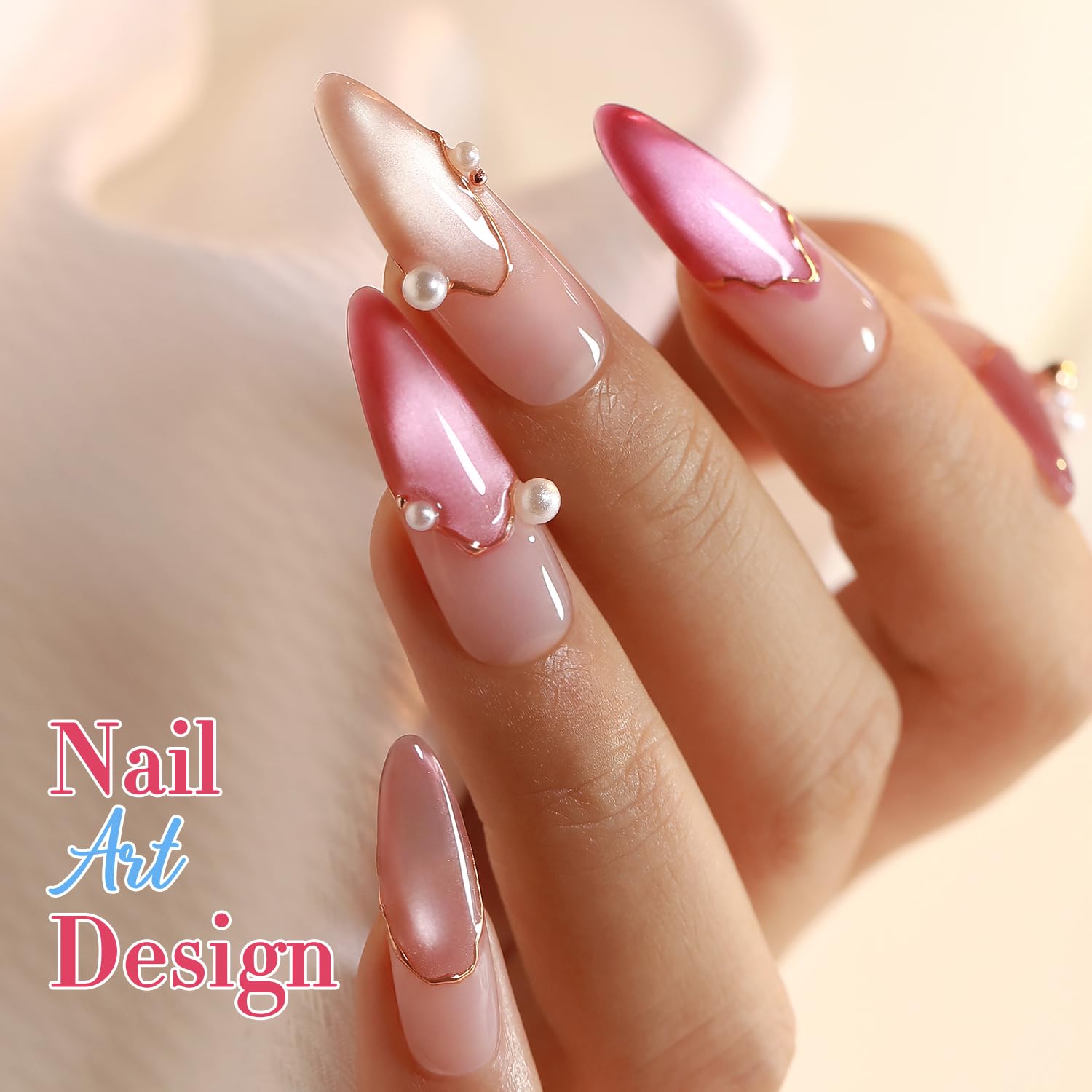 Double Rhythm Cat Eye Gel Nail Polish Set of 6 – Nude Pink Shimmer (0.5 oz) with Magnetic Holographic Reflective Finish