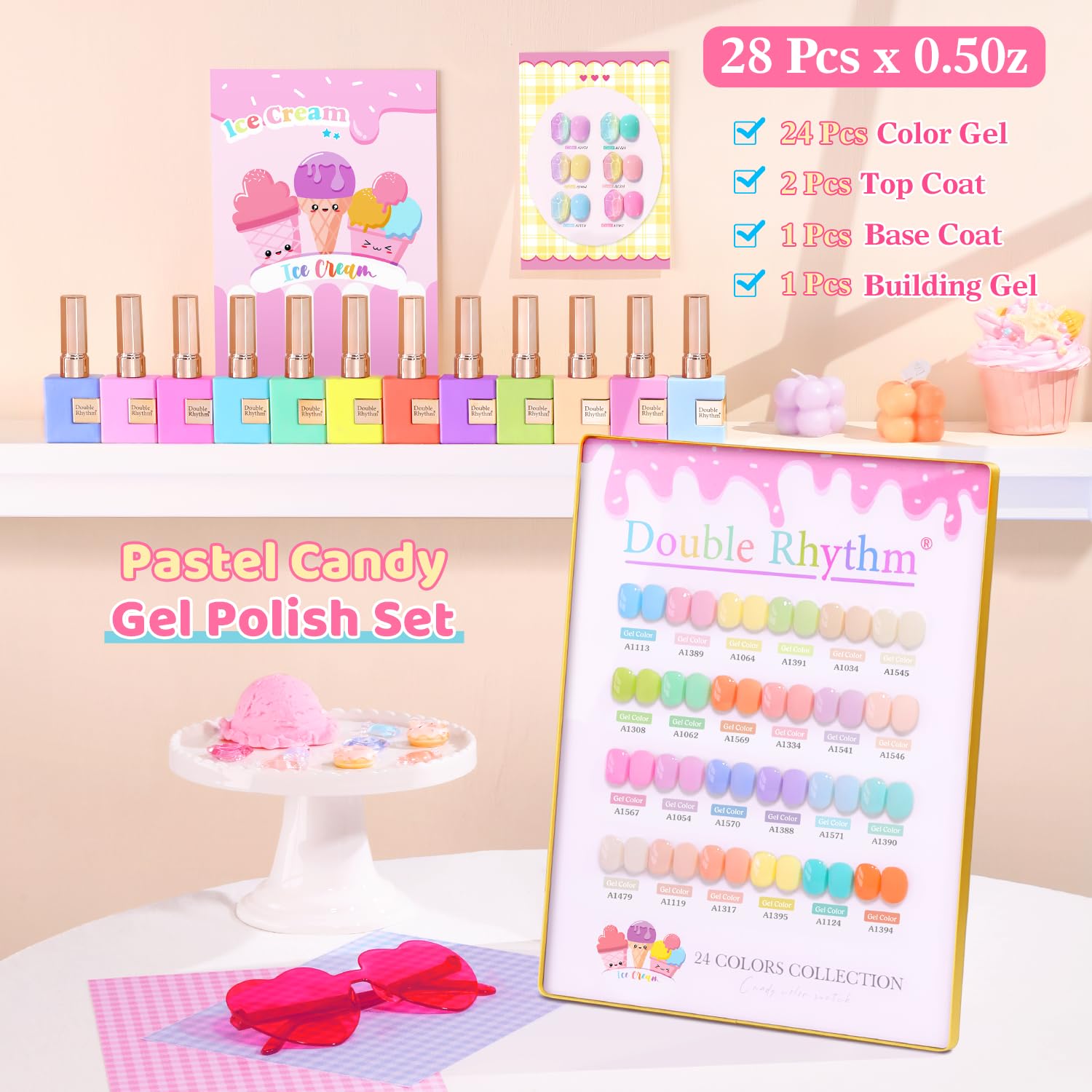Double Rhythm 28Pcs Gel Nail Polish Set – Pastel Candy Collection T24-5 (0.5oz)