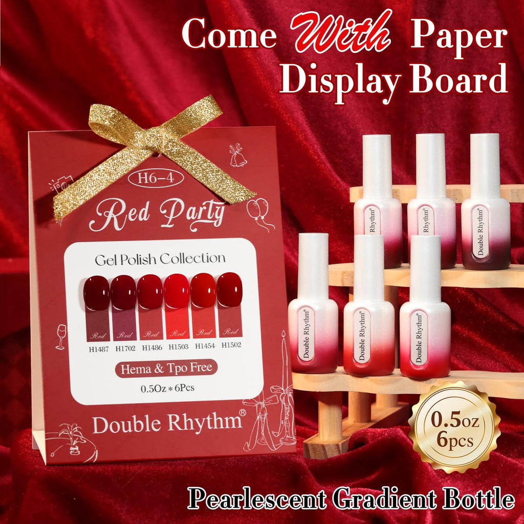 Double Rhythm 6-Piece HEMA-Free Gel Polish Set – 0.50 oz Each, Same Color in Same Bottle, Soak-Off, Neutral Milky Shimmer (Cherry Red Burgundy, H6-4)