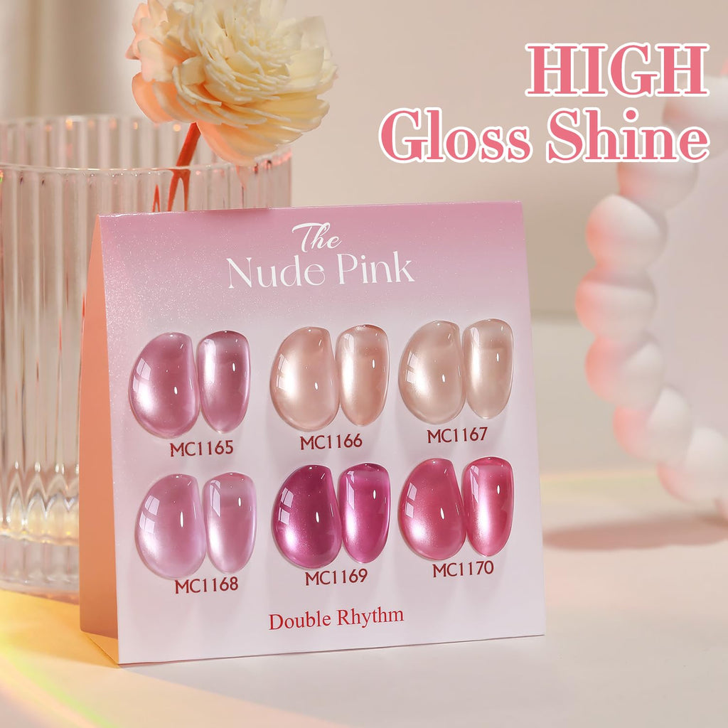 Double Rhythm Cat Eye Gel Nail Polish Set of 6 – Nude Pink Shimmer (0.5 oz) with Magnetic Holographic Reflective Finish