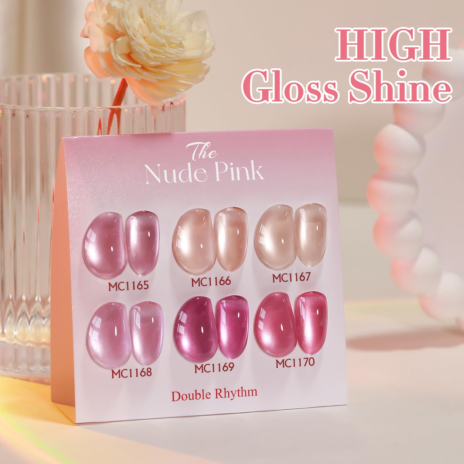 Double Rhythm Cat Eye Gel Nail Polish Set of 6 – Nude Pink Shimmer (0.5 oz) with Magnetic Holographic Reflective Finish