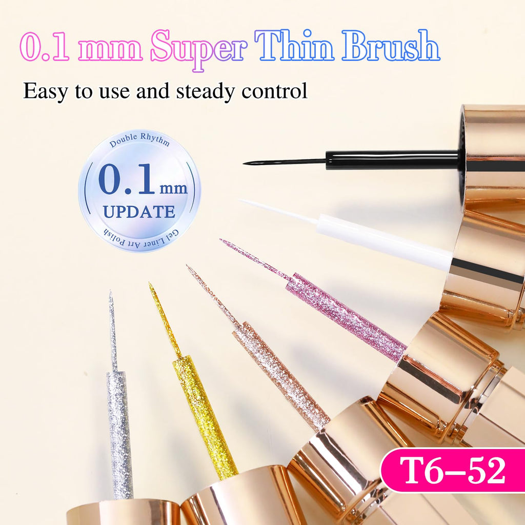 Double Rhythm 6 Pcs Gel Liner Polish Kit – 15ml Chrome Metallic Glitter Soak-Off Gel, Gold Silver Black White