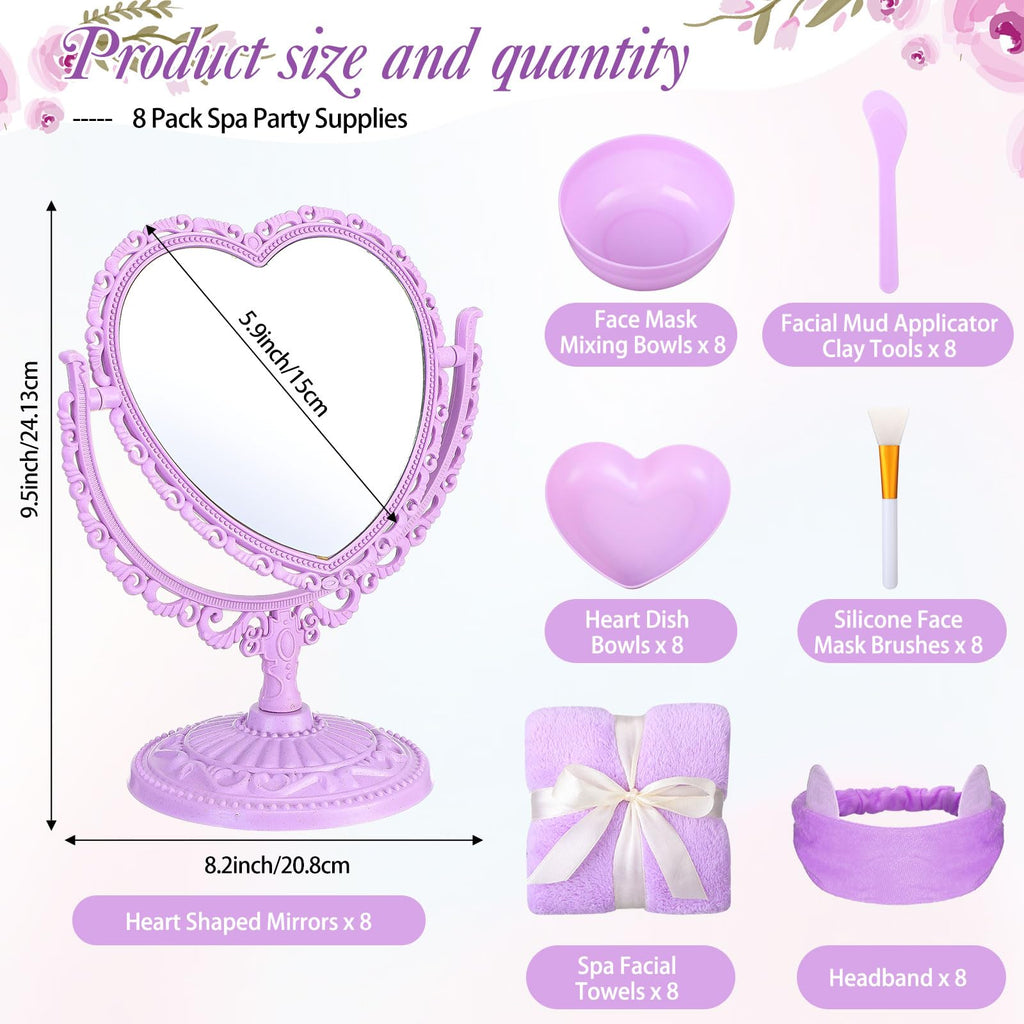 DoubleFill 8 Set Spa Party Supplies for Sleepovers - 8 Heart Mirrors, 8 Face Mask Brushes, 8 Mixing Bowls, Towels, Headbands, Dish Bowls (Purple)
