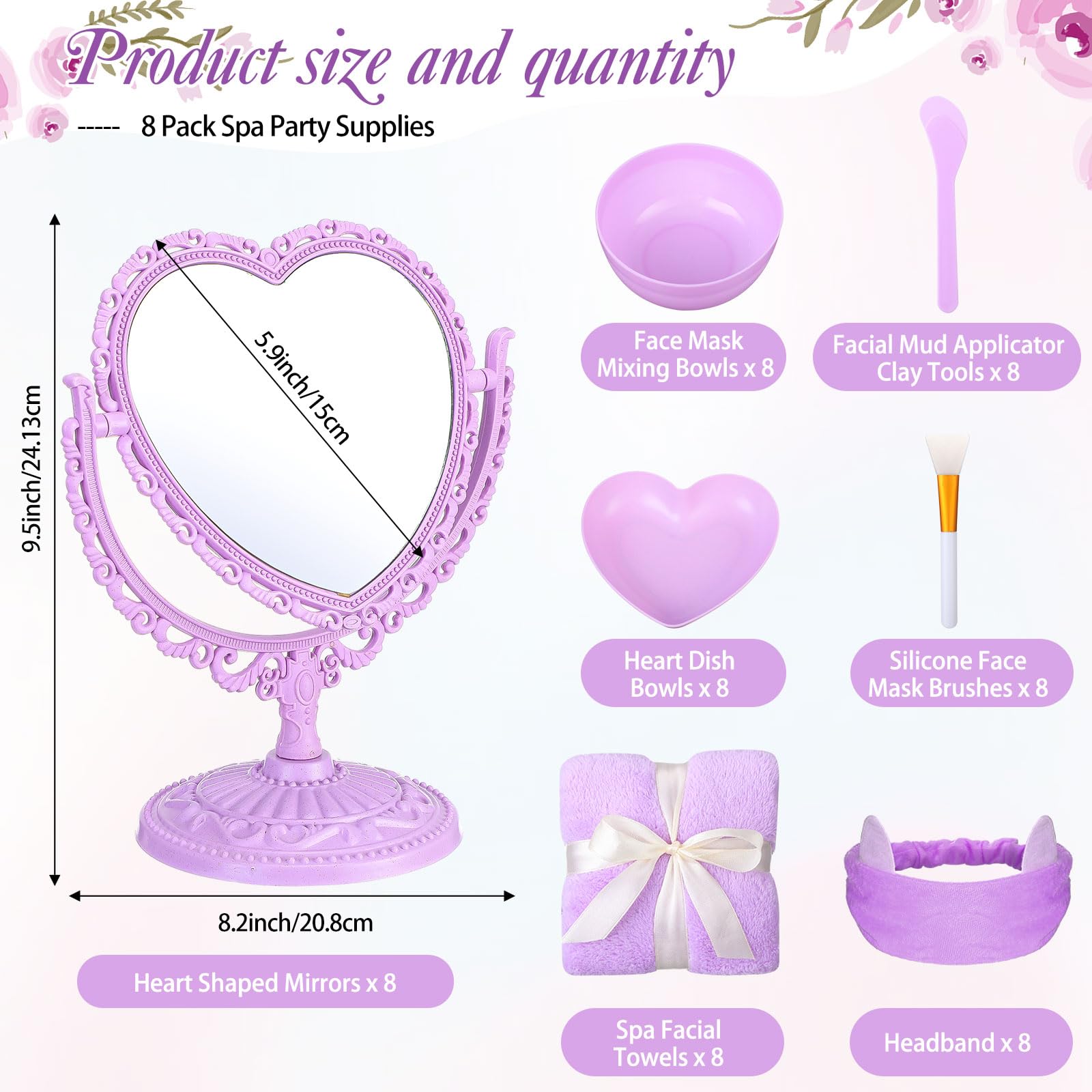 DoubleFill 8 Set Spa Party Supplies for Sleepovers - 8 Heart Mirrors, 8 Face Mask Brushes, 8 Mixing Bowls, Towels, Headbands, Dish Bowls (Purple)