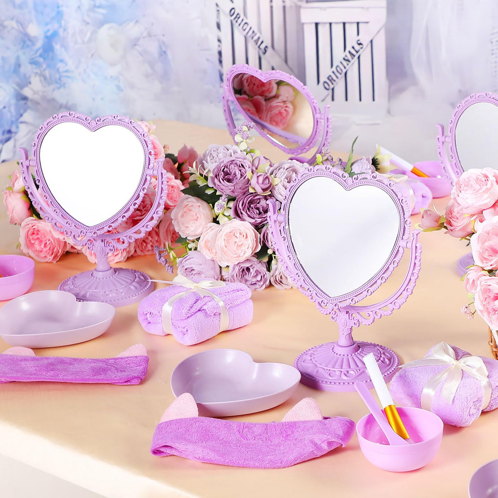 DoubleFill 8 Set Spa Party Supplies for Sleepovers - 8 Heart Mirrors, 8 Face Mask Brushes, 8 Mixing Bowls, Towels, Headbands, Dish Bowls (Purple)