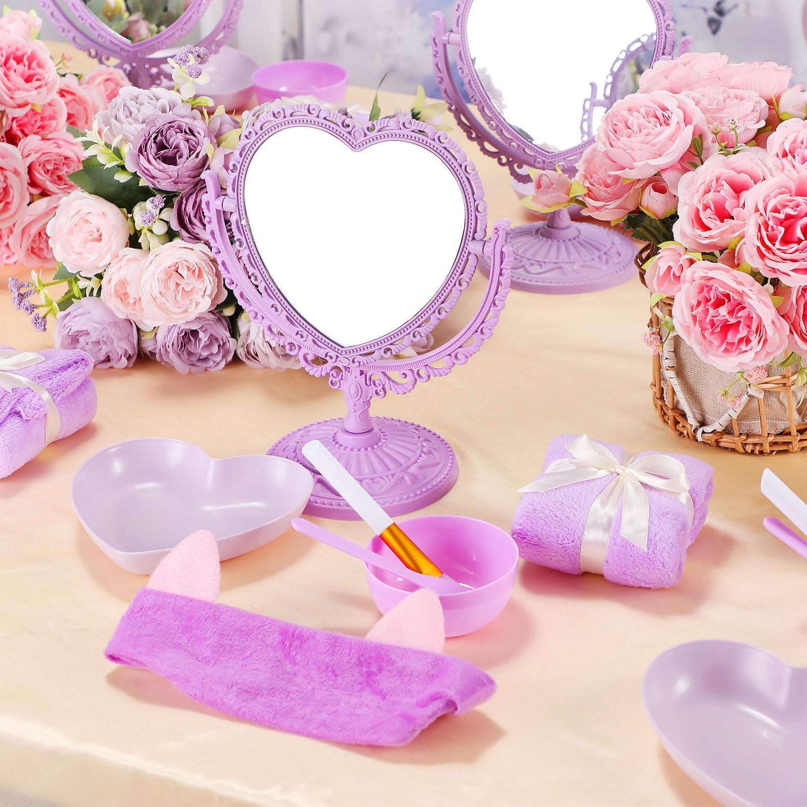 DoubleFill 8 Set Spa Party Supplies for Sleepovers - 8 Heart Mirrors, 8 Face Mask Brushes, 8 Mixing Bowls, Towels, Headbands, Dish Bowls (Purple)