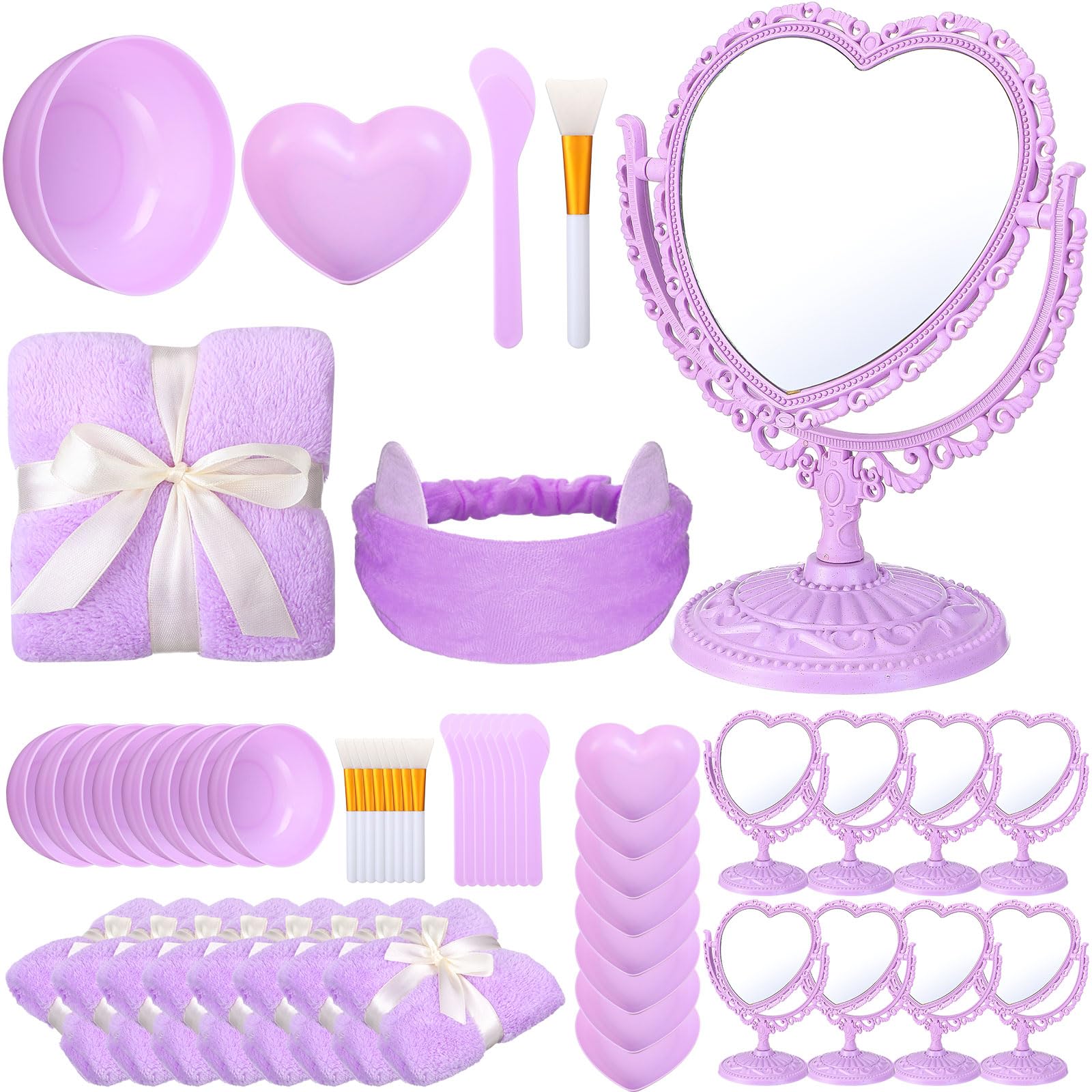 DoubleFill 8 Set Spa Party Supplies for Sleepovers - 8 Heart Mirrors, 8 Face Mask Brushes, 8 Mixing Bowls, Towels, Headbands, Dish Bowls (Purple)