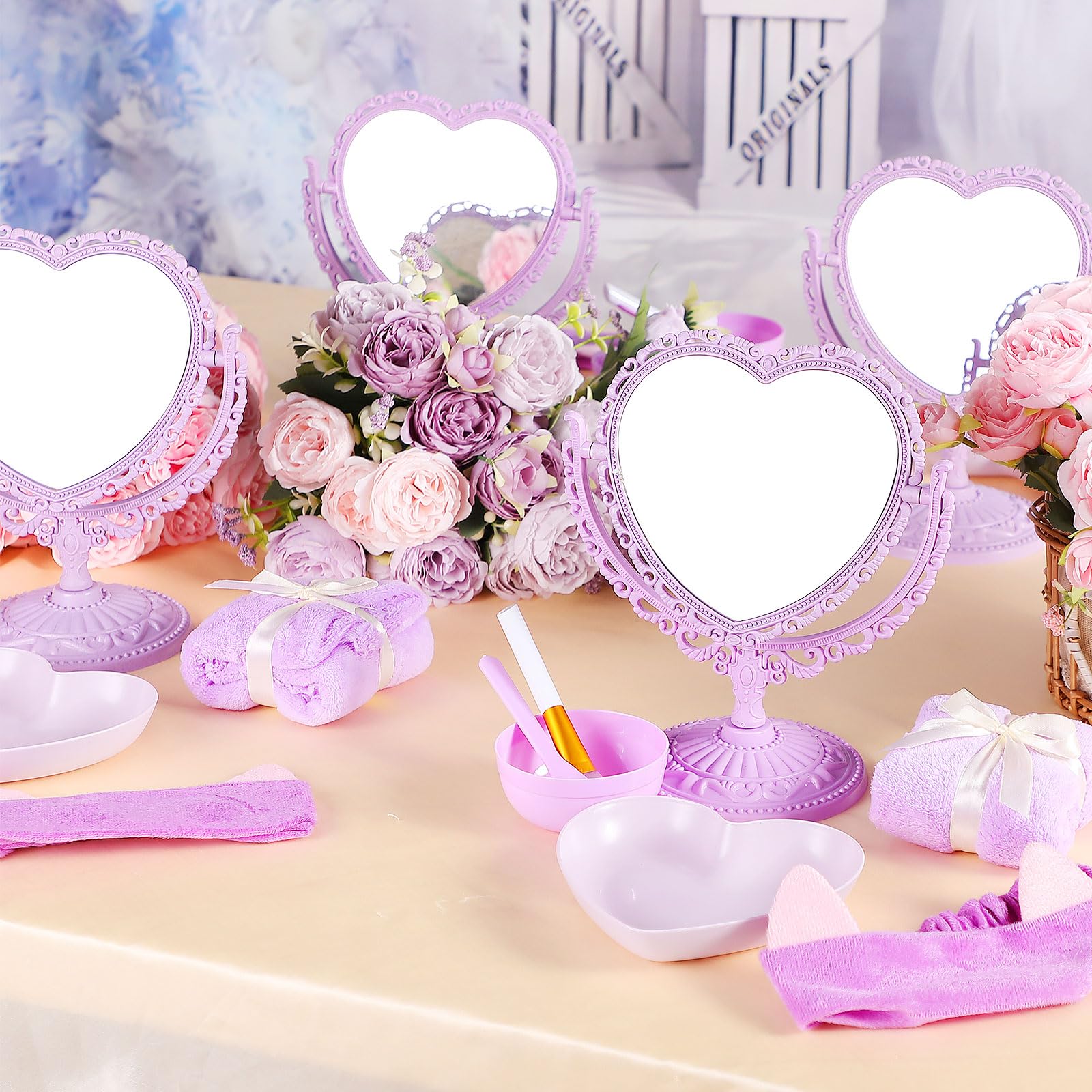 DoubleFill 8 Set Spa Party Supplies for Sleepovers - 8 Heart Mirrors, 8 Face Mask Brushes, 8 Mixing Bowls, Towels, Headbands, Dish Bowls (Purple)