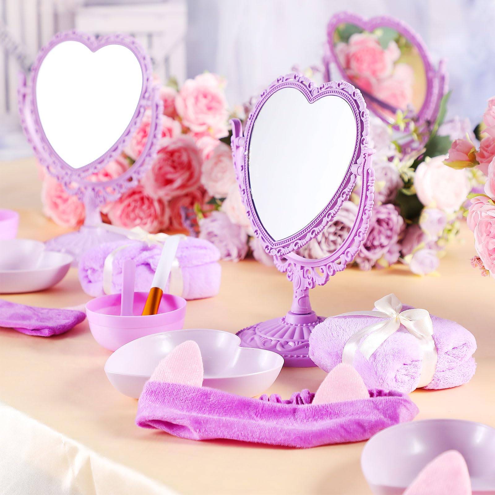 DoubleFill 8 Set Spa Party Supplies for Sleepovers - 8 Heart Mirrors, 8 Face Mask Brushes, 8 Mixing Bowls, Towels, Headbands, Dish Bowls (Purple)