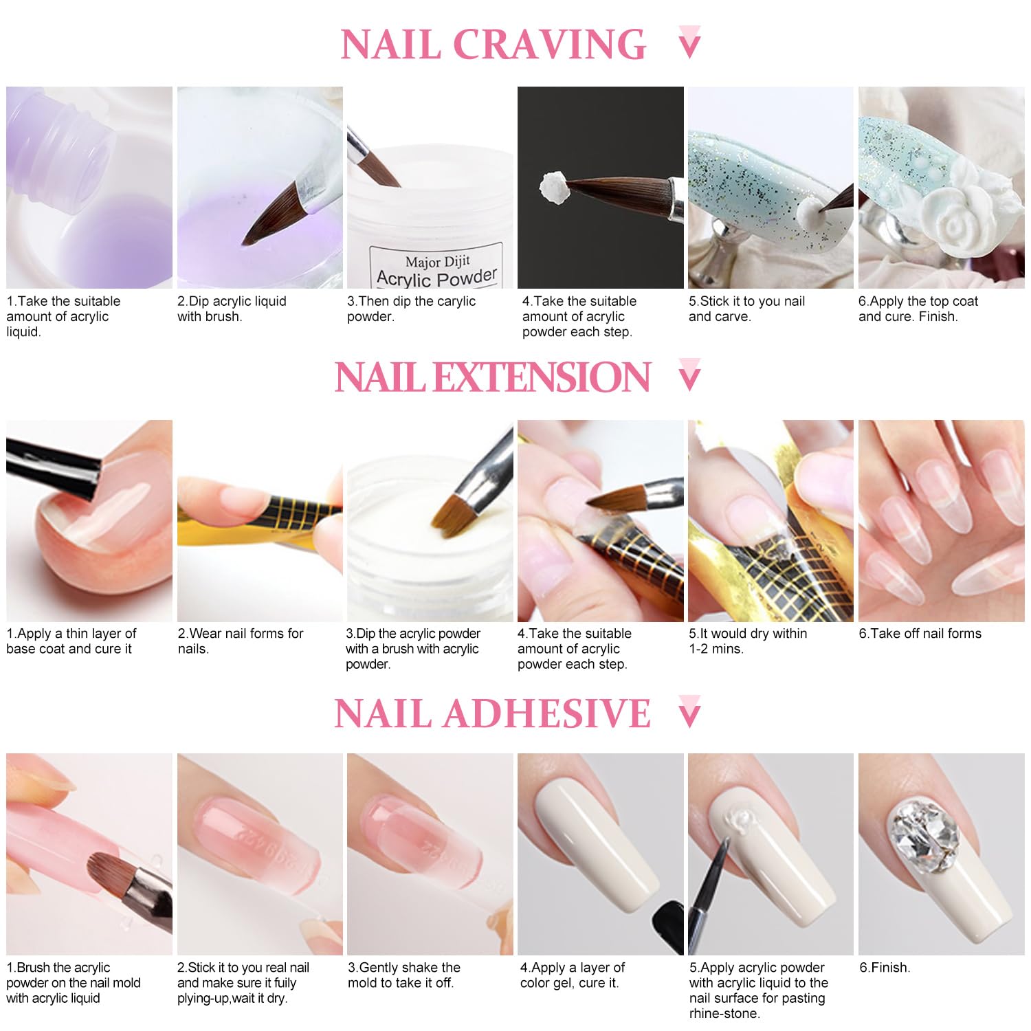 DouborQ Acrylic Nail Kit with Monomer, 6 Glitter Colors, UV Lamp – Beginner Friendly (Pink)