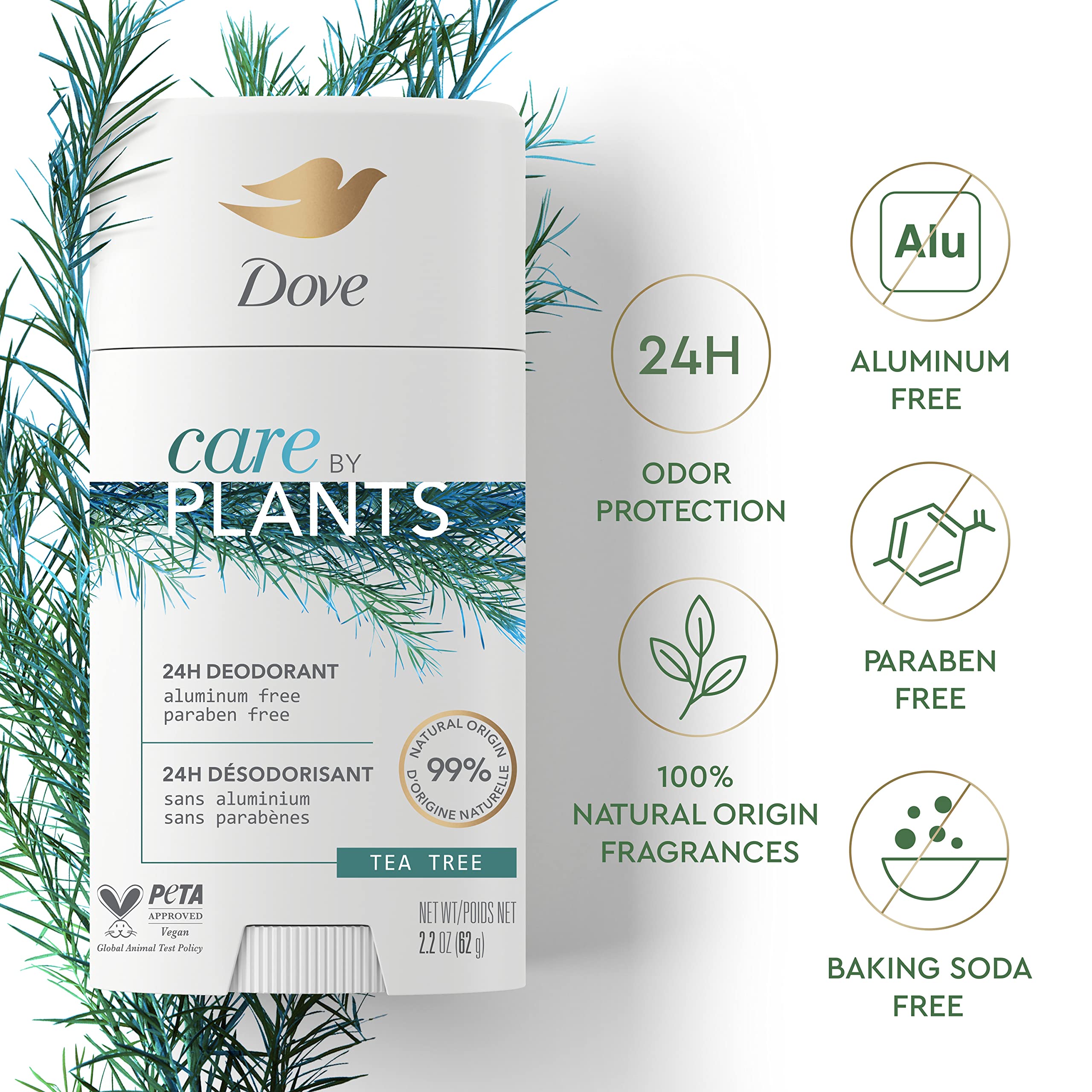 Dove Care by Plants Tea Tree Deodorant Stick — Aluminum-Free, 24h Odor Protection (3 x 2.6 oz)