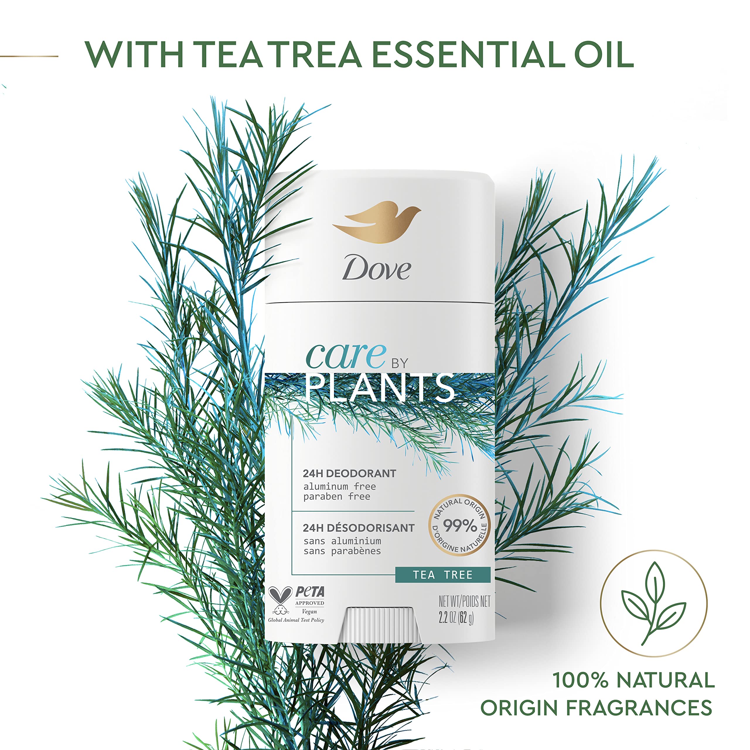 Dove Care by Plants Tea Tree Deodorant Stick — Aluminum-Free, 24h Odor Protection (3 x 2.6 oz)