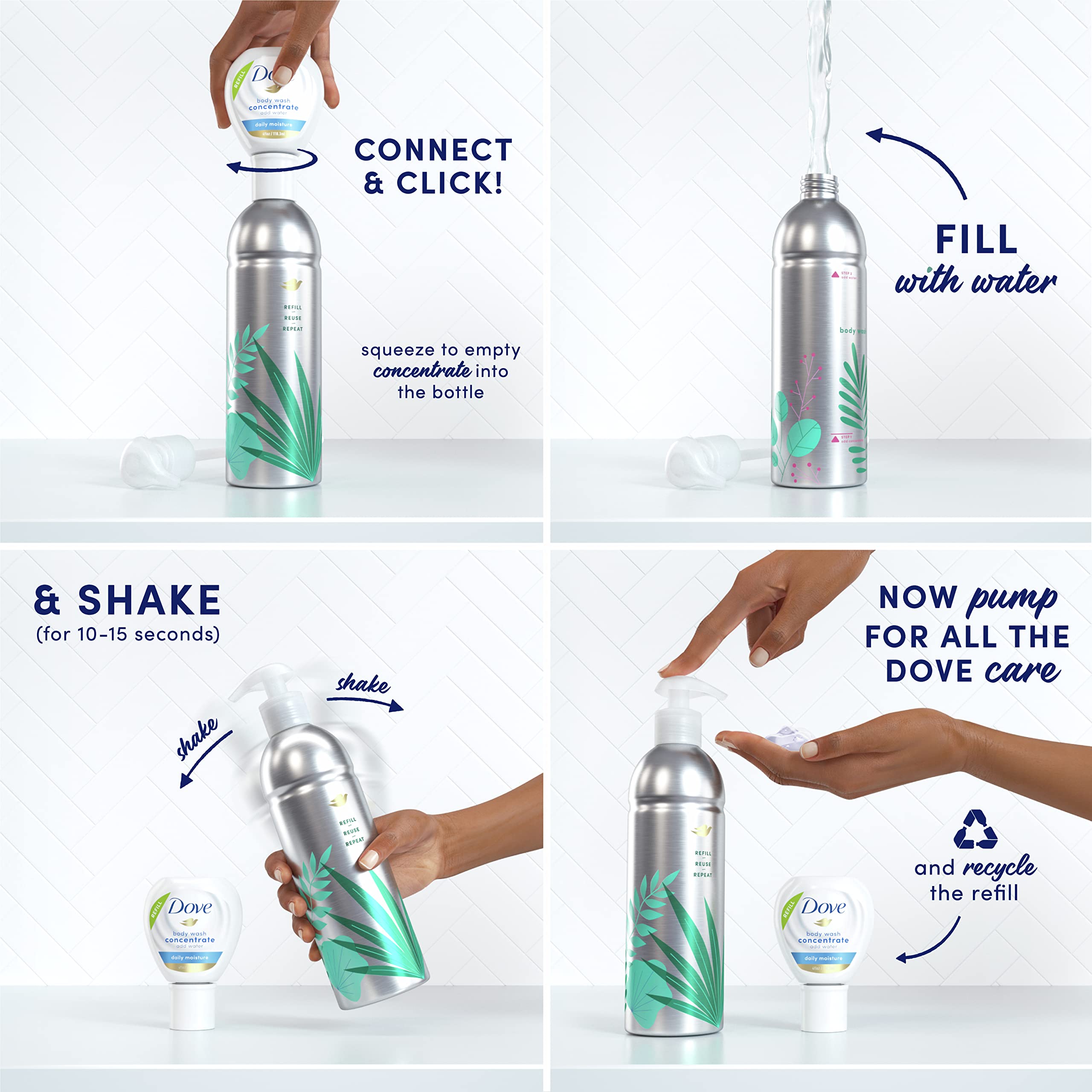 Dove Concentrate Refill 4-Pack for Reusable Bottle — Makes 16 oz of Daily Moisture Body Wash