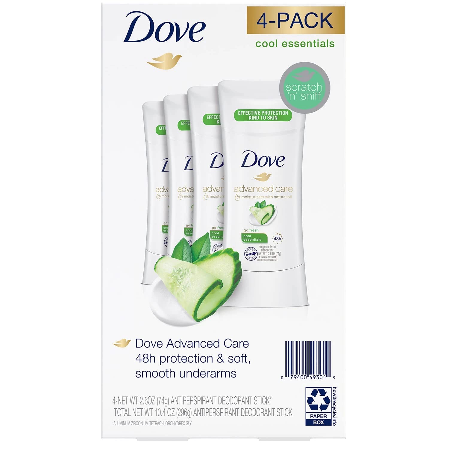 Dove Cool Essentials Antiperspirant Deodorant – 4x2.6 oz, Alcohol-Free, All-Day Freshness