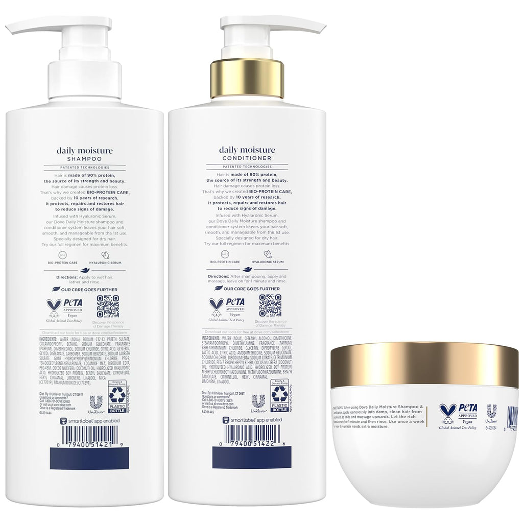 Dove Daily Moisture Shampoo & Conditioner Set with Hyaluronic & 10-in-1 Serum Mask — Deep Hydration for Dry Hair (3-Piece)