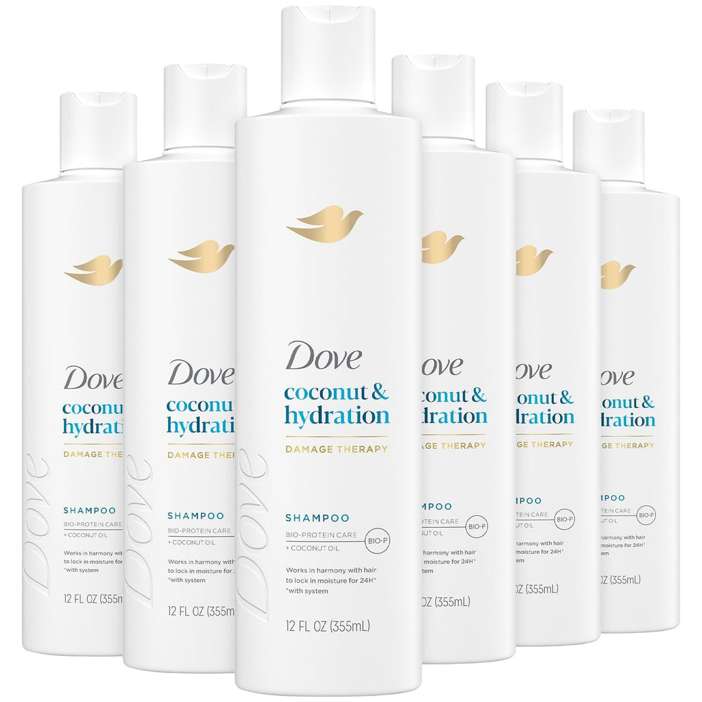 Dove Damage Therapy Shampoo 6-Pack – Coconut & Hydration for Damaged Hair, 12 Oz Ea