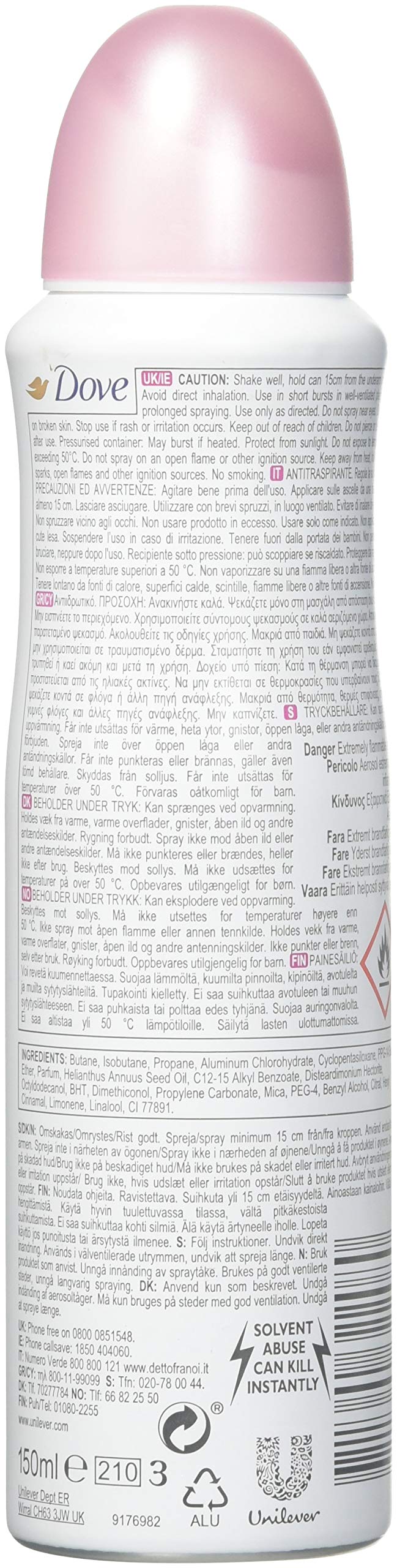 Dove Deodorant & Anti-Perspirant Beauty Finish – 6-Pack, 0% Alcohol, 24–48 Hr Protection (150 ml each)