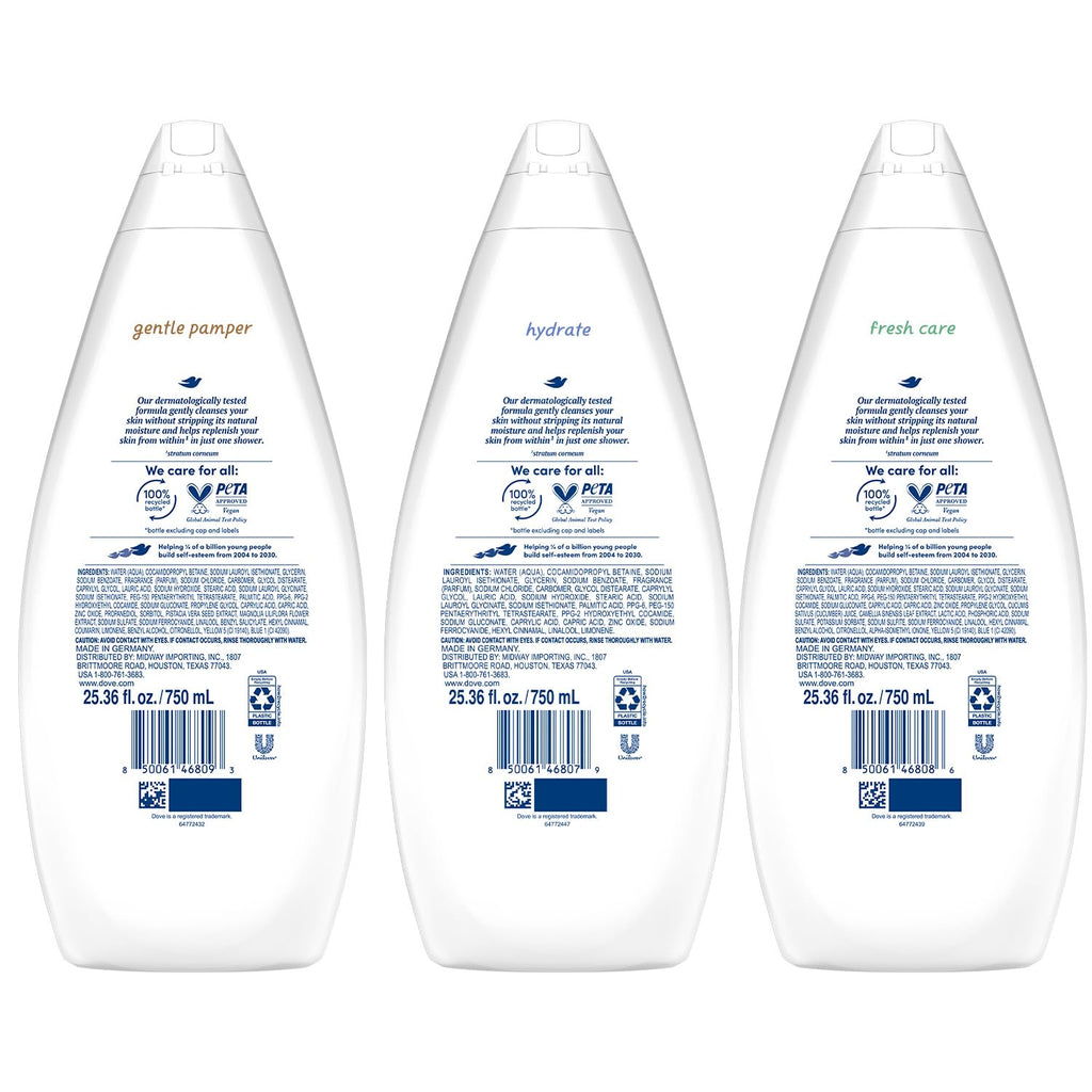 Dove Body Wash Value-Size 3-Pack – Hydrate, Fresh Care & Gentle Pamper, 25.36 oz Each