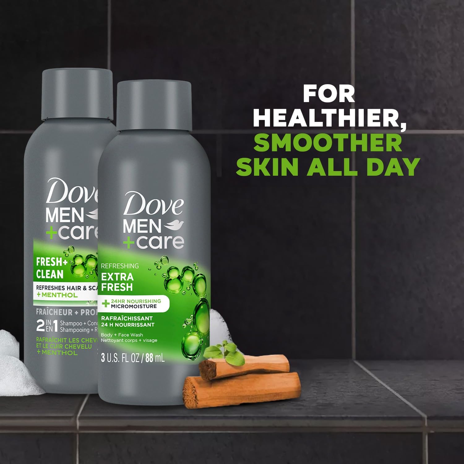 Dove Men+Care Travel Essentials Bundle – Extra Fresh Wash & 2-in-1 Shampoo (3 oz each)