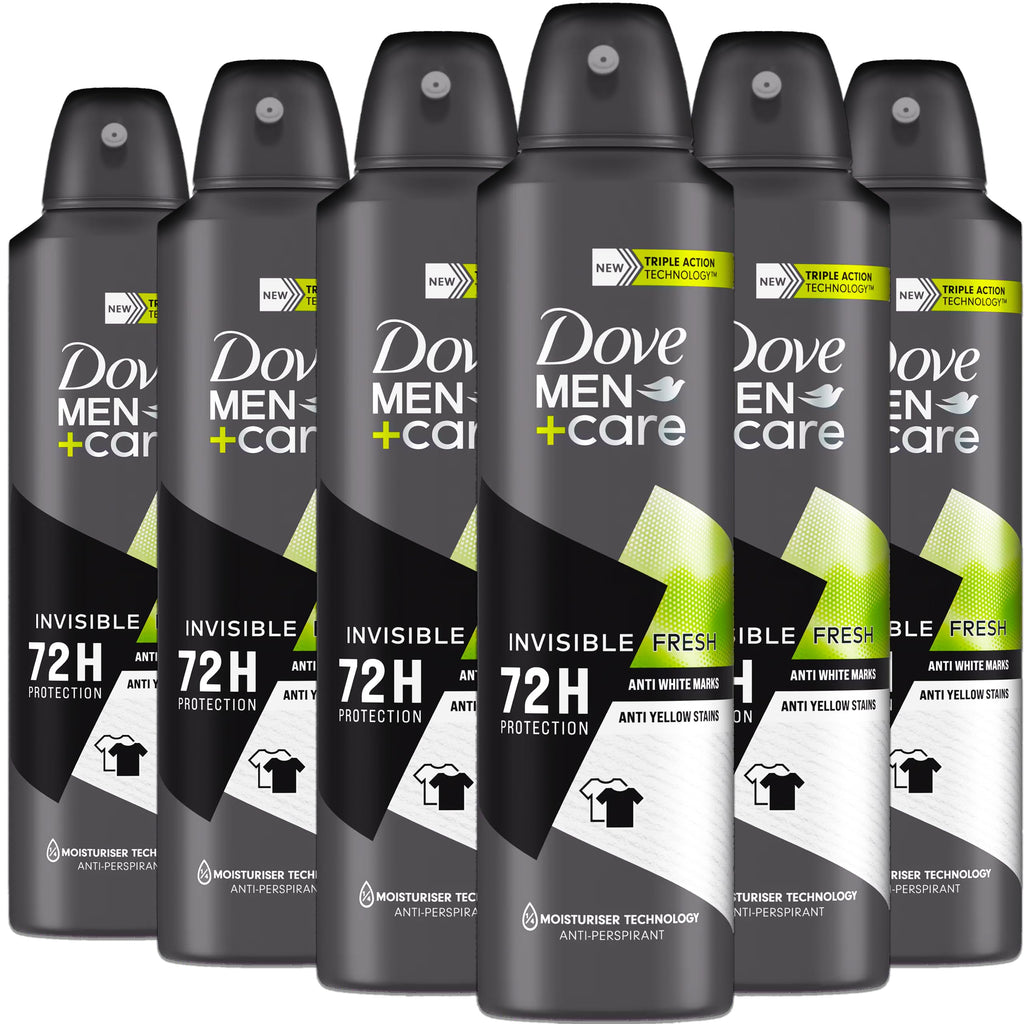 Dove Men+Care Invisible Fresh Antiperspirant Spray – 6 Pack, 72-Hour Protection, No White Marks or Yellow Stains