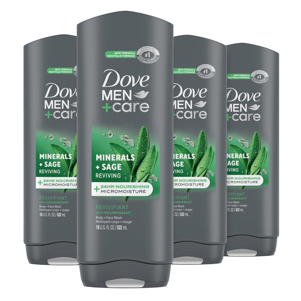 Dove Men+Care Mineral and Sage Body Wash – 4 Pack, 18 oz Each, Hydrating Cleanse for Men